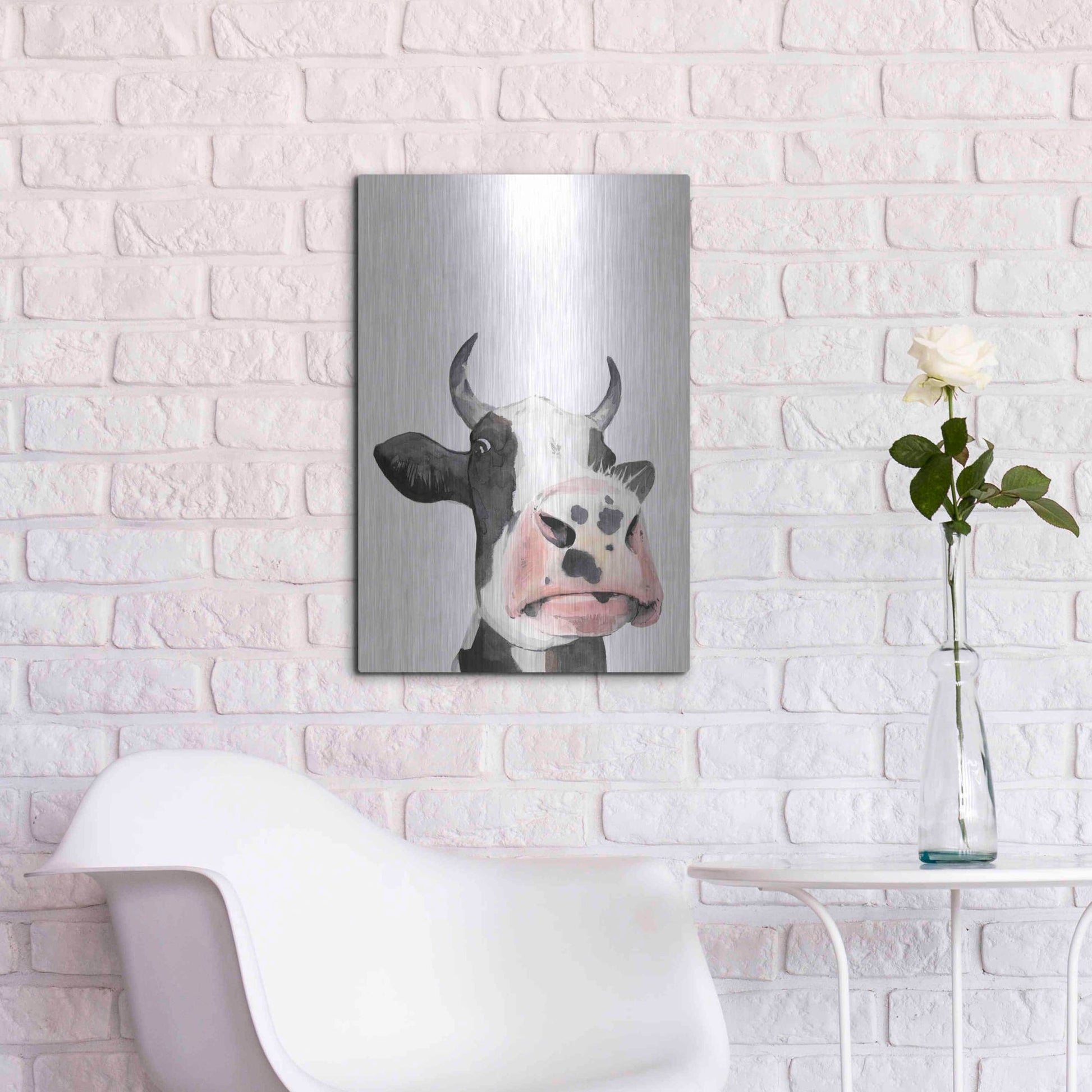 Luxe Metal Art 'Watercolor Cow Portrait I' by Grace Popp, Metal Wall Art,16x24