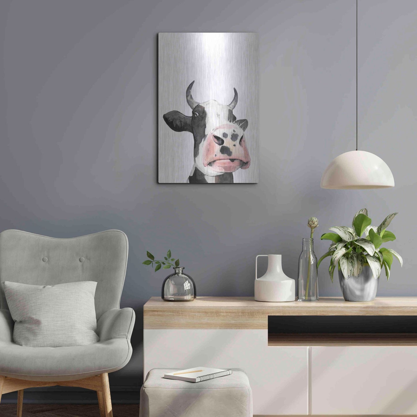 Luxe Metal Art 'Watercolor Cow Portrait I' by Grace Popp, Metal Wall Art,16x24