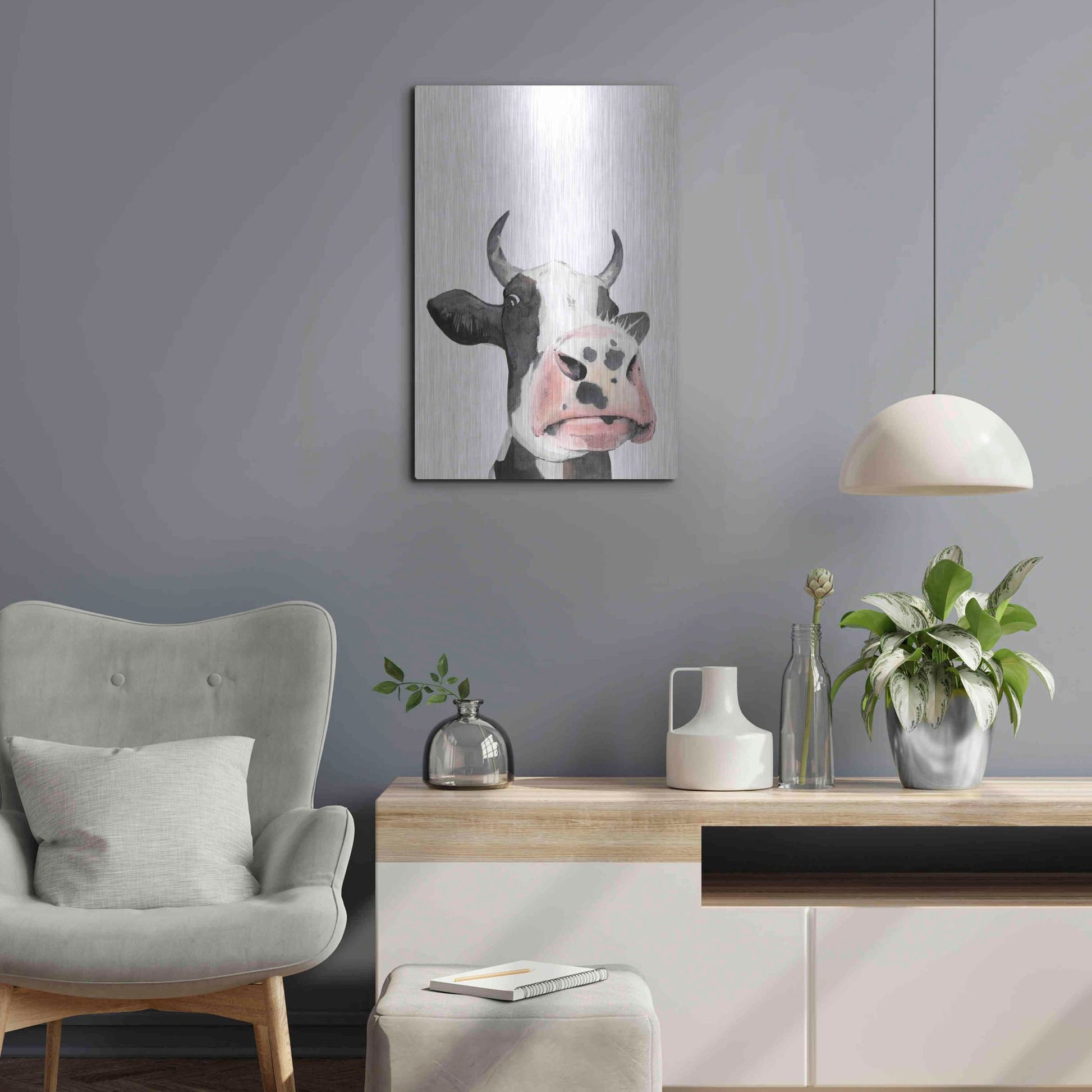 Luxe Metal Art 'Watercolor Cow Portrait I' by Grace Popp, Metal Wall Art,16x24