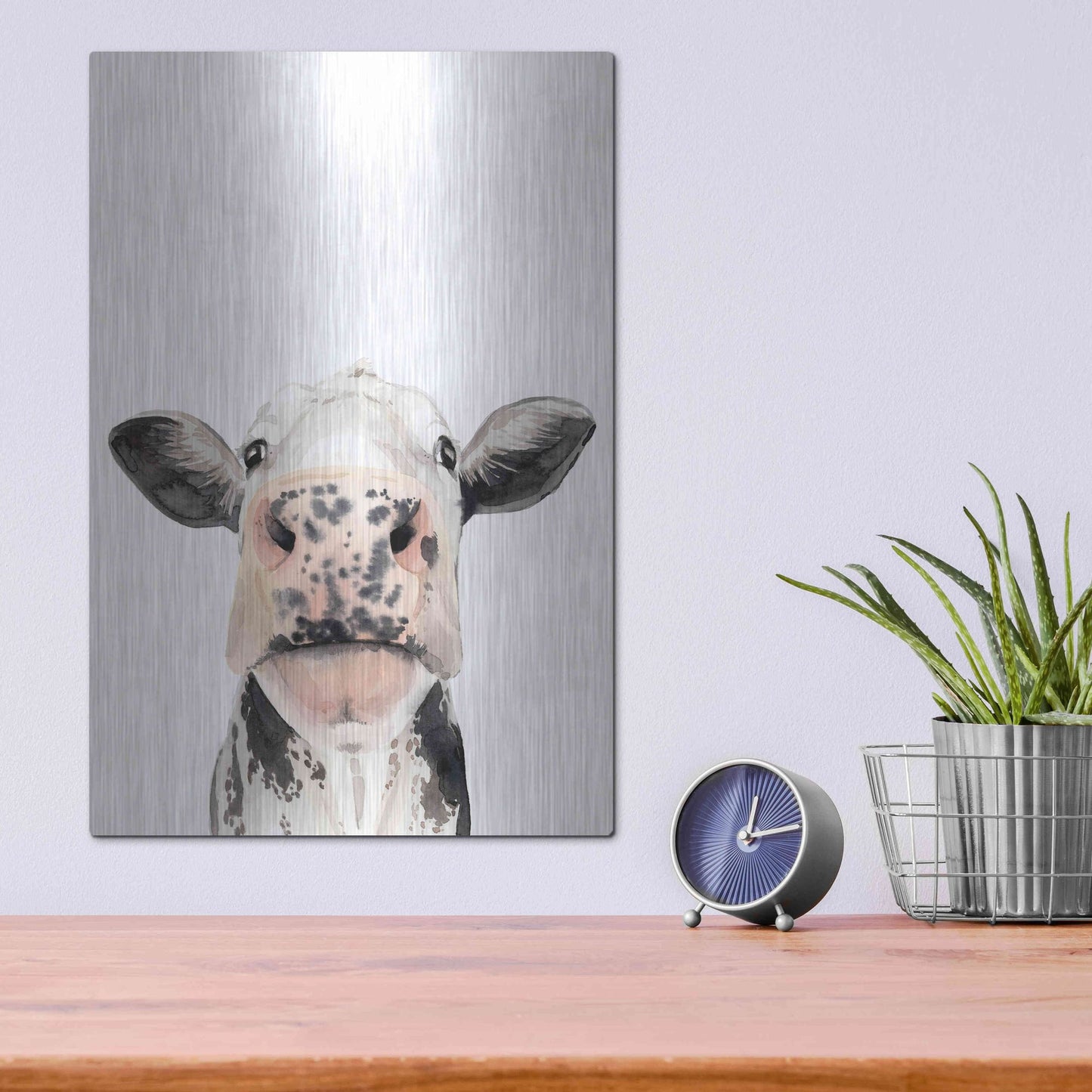 Luxe Metal Art 'Watercolor Cow Portrait II' by Grace Popp, Metal Wall Art,12x16