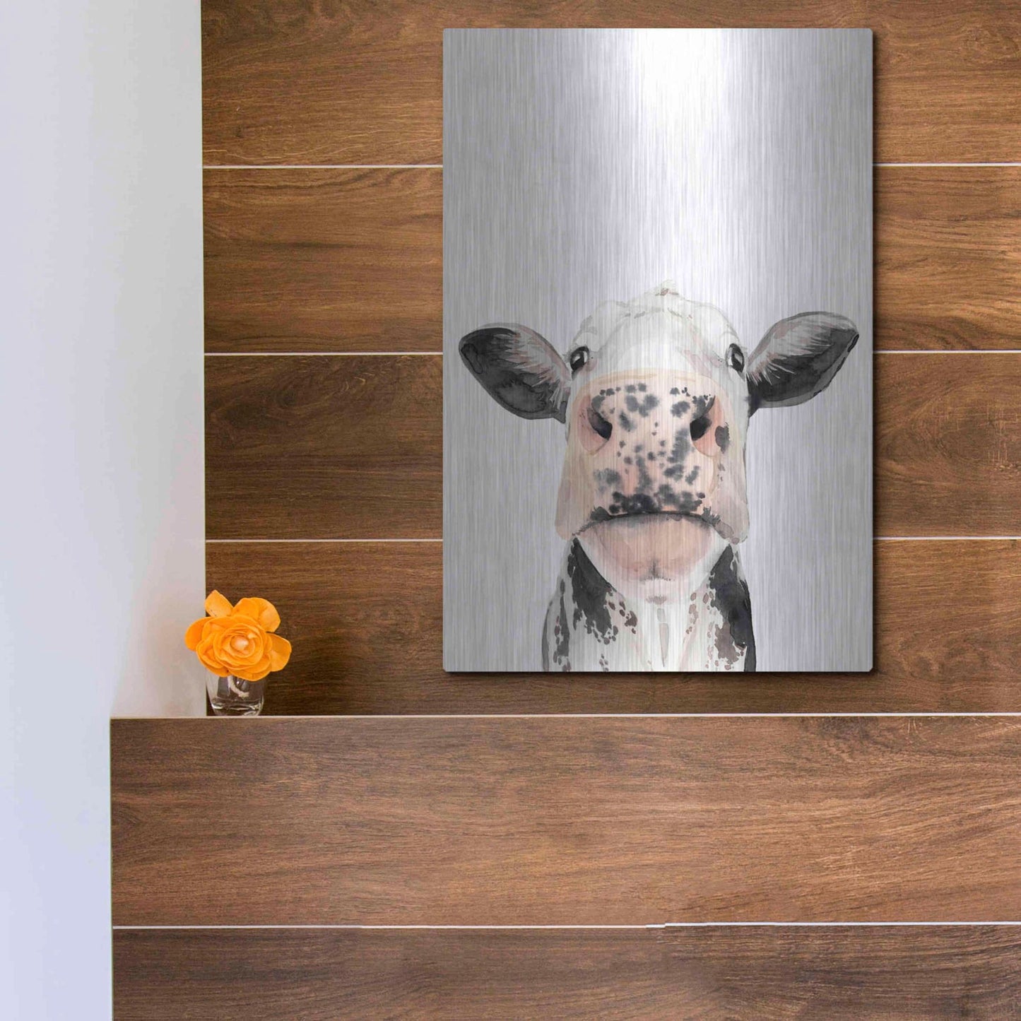 Luxe Metal Art 'Watercolor Cow Portrait II' by Grace Popp, Metal Wall Art,12x16