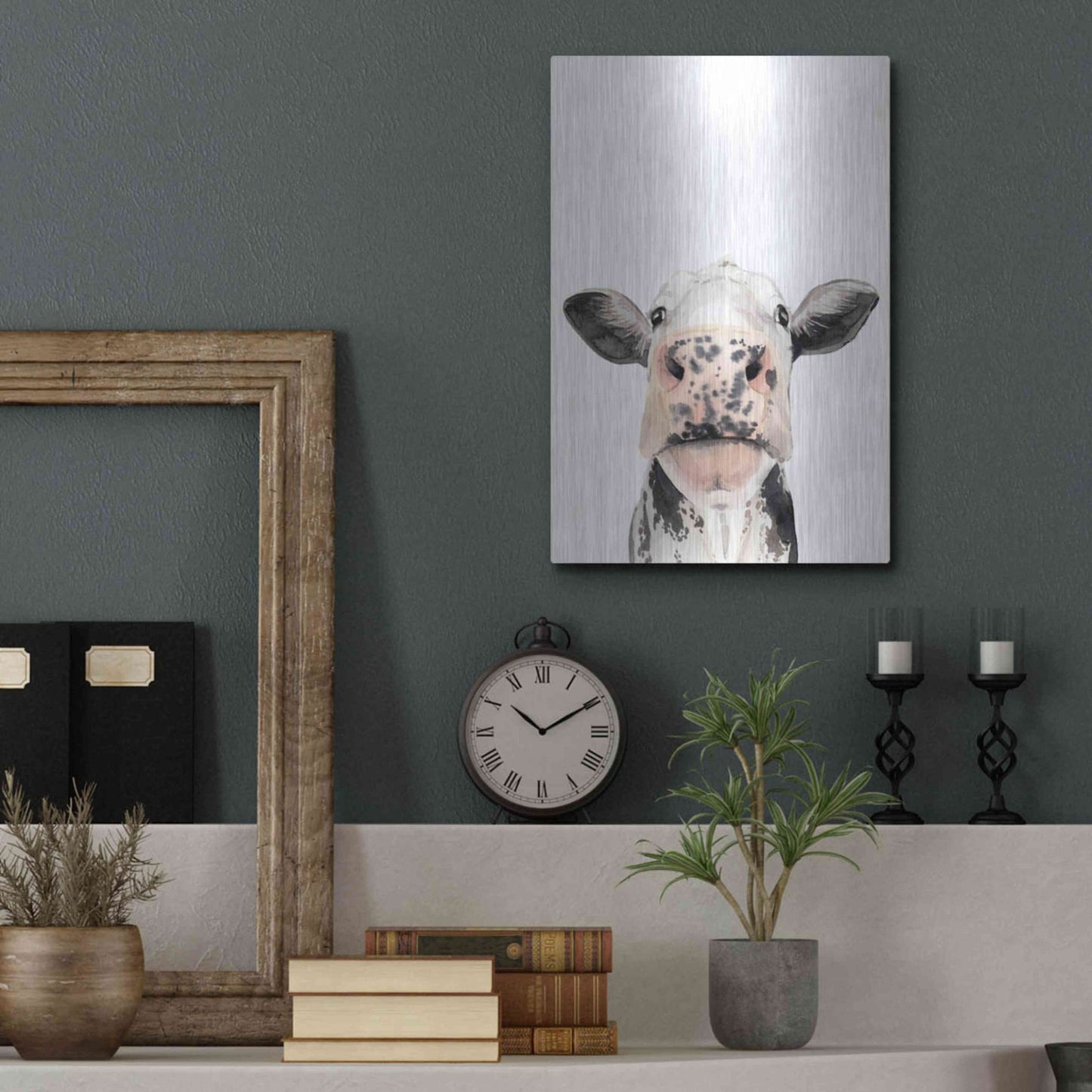 Luxe Metal Art 'Watercolor Cow Portrait II' by Grace Popp, Metal Wall Art,12x16