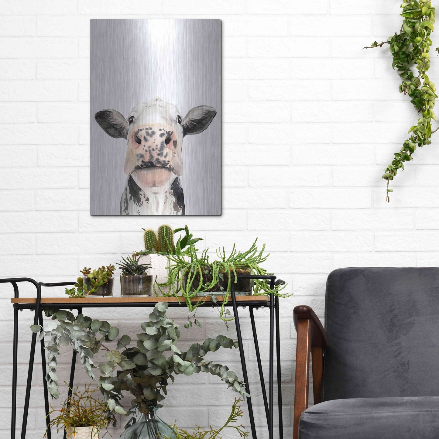 Luxe Metal Art 'Watercolor Cow Portrait II' by Grace Popp, Metal Wall Art,12x16