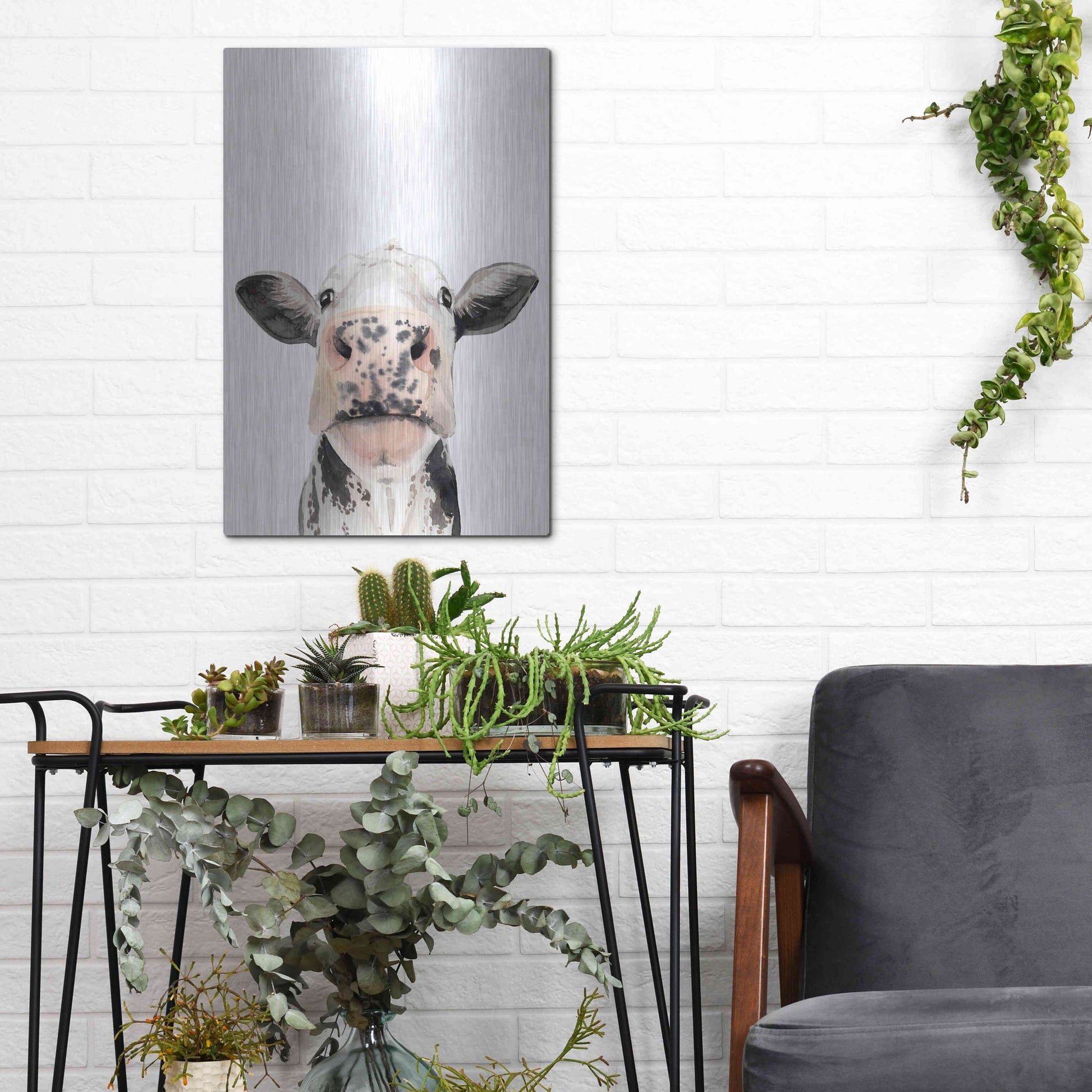 Luxe Metal Art 'Watercolor Cow Portrait II' by Grace Popp, Metal Wall Art,12x16