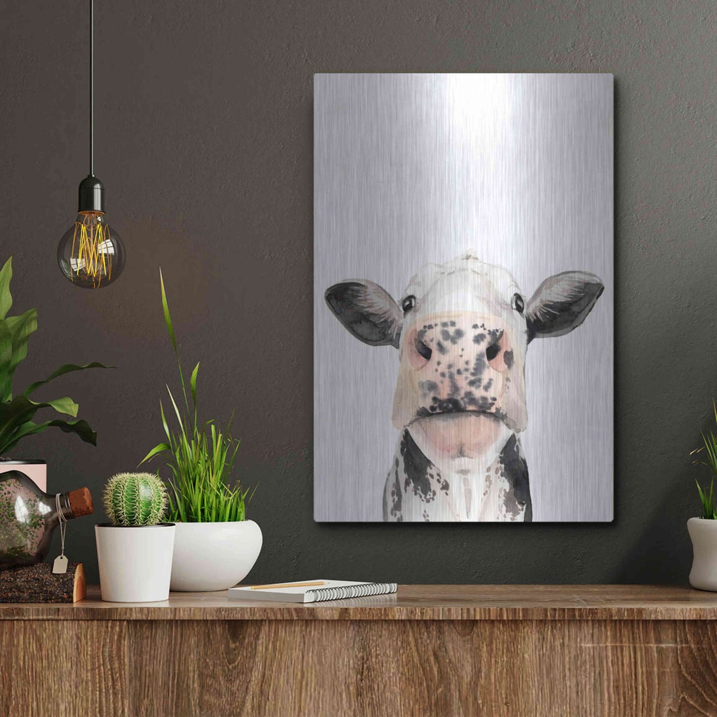 Luxe Metal Art 'Watercolor Cow Portrait II' by Grace Popp, Metal Wall Art,12x16