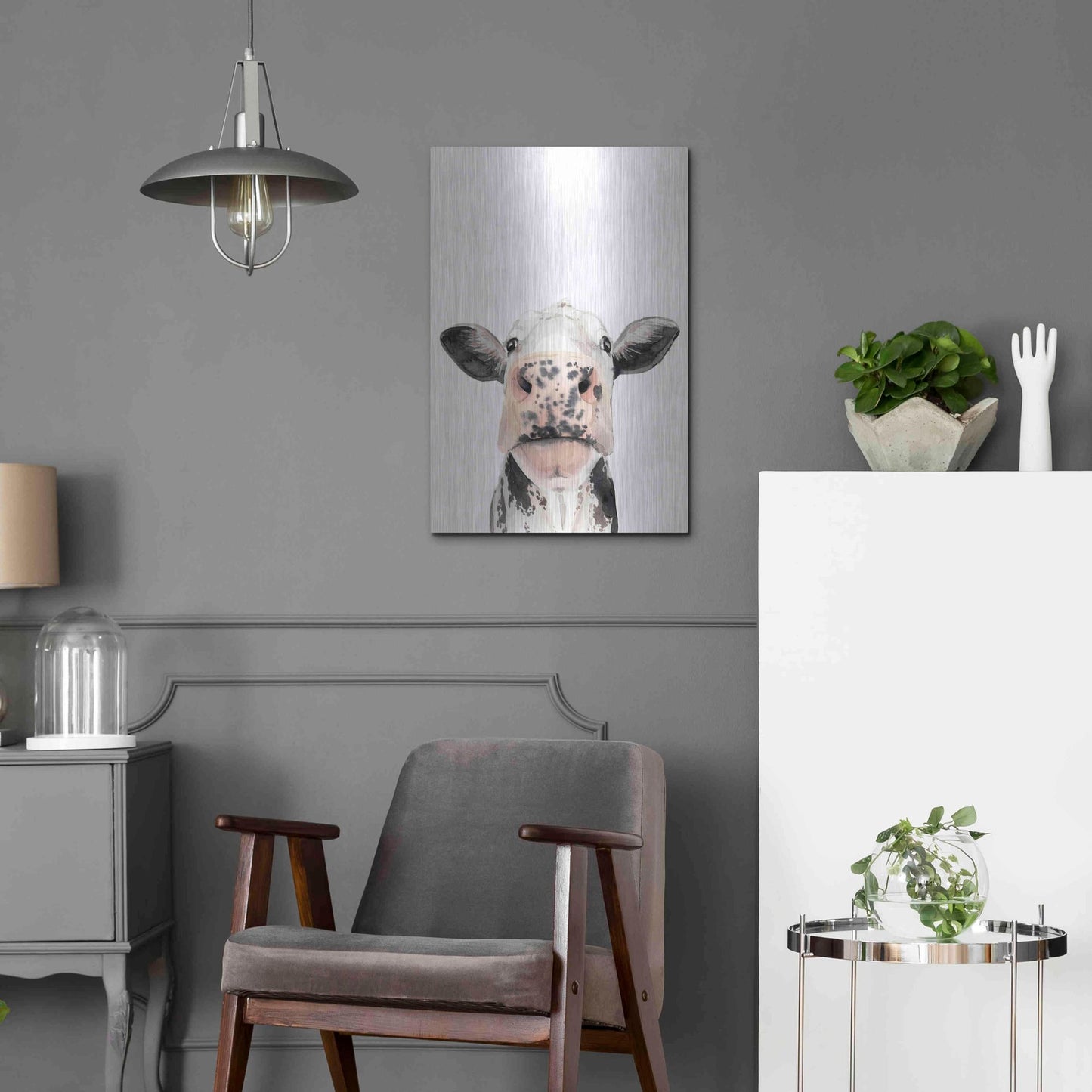 Luxe Metal Art 'Watercolor Cow Portrait II' by Grace Popp, Metal Wall Art,16x24