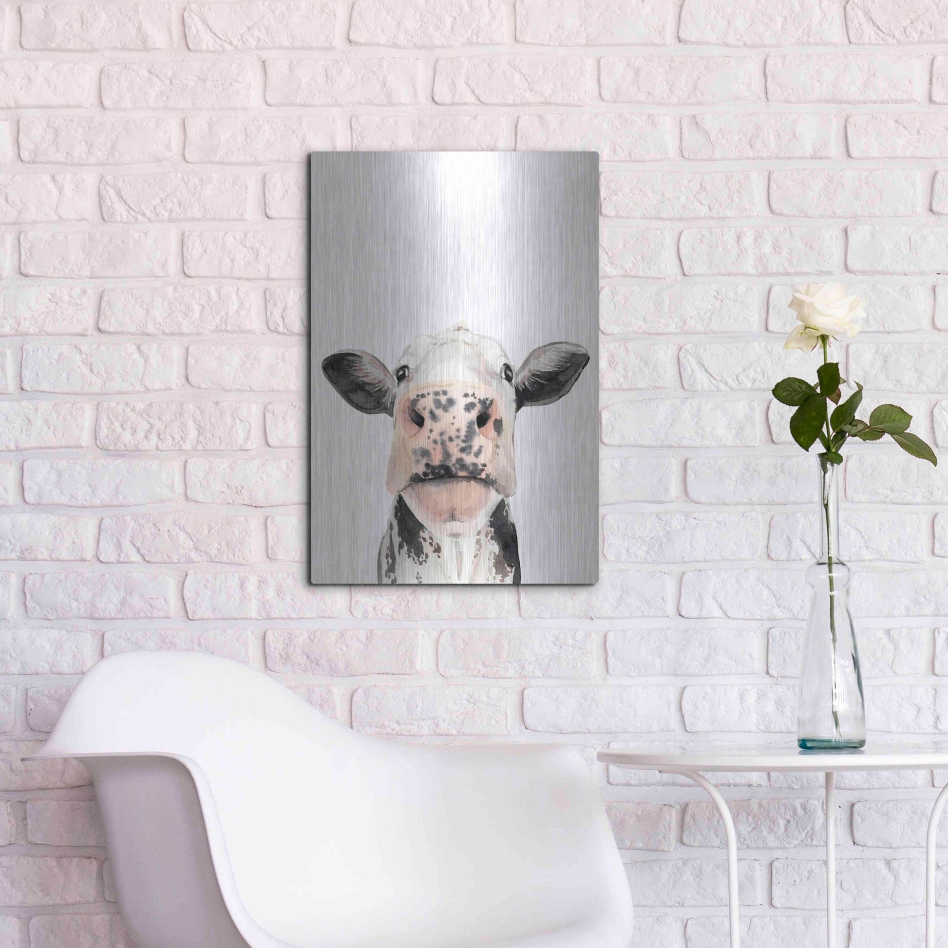Luxe Metal Art 'Watercolor Cow Portrait II' by Grace Popp, Metal Wall Art,16x24