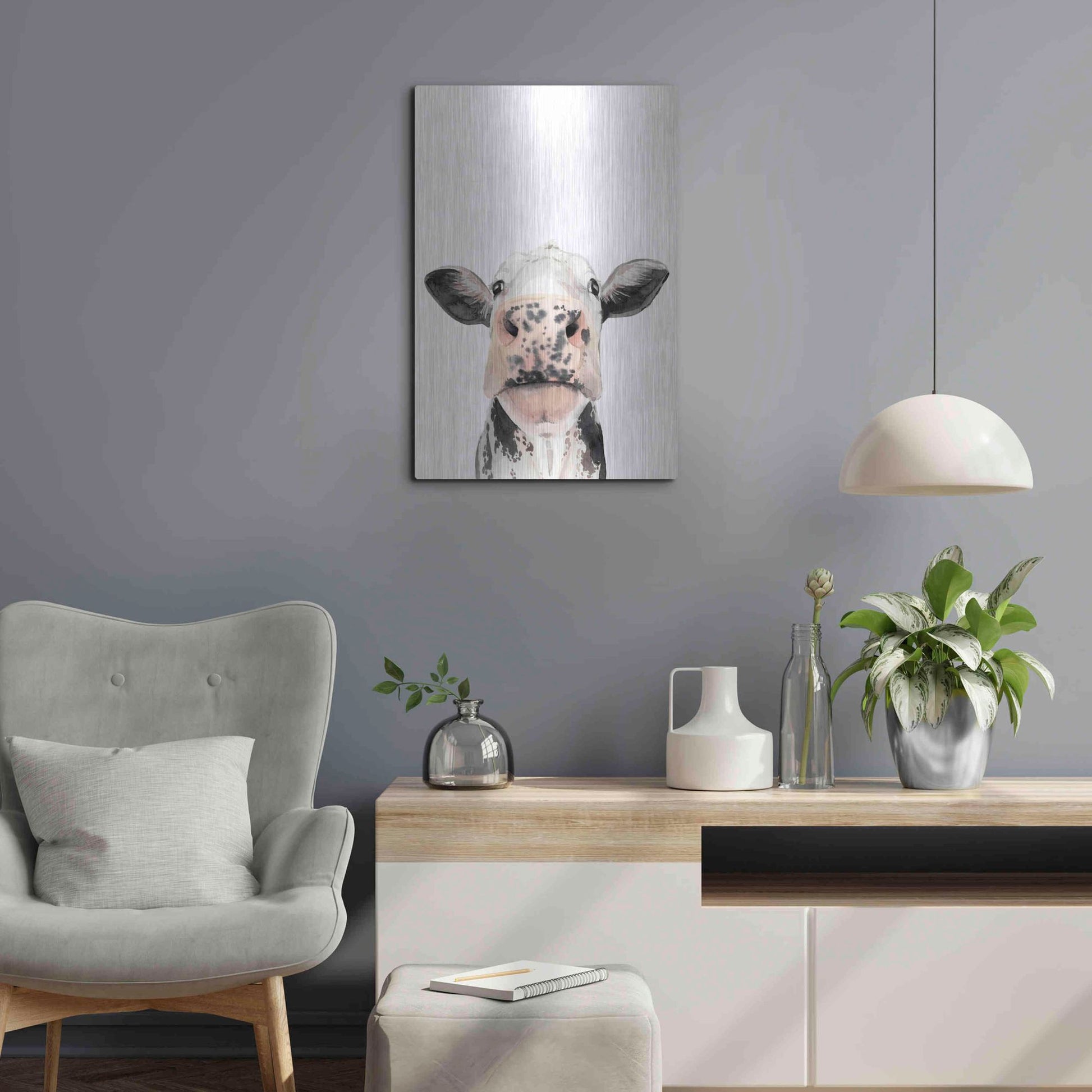 Luxe Metal Art 'Watercolor Cow Portrait II' by Grace Popp, Metal Wall Art,16x24