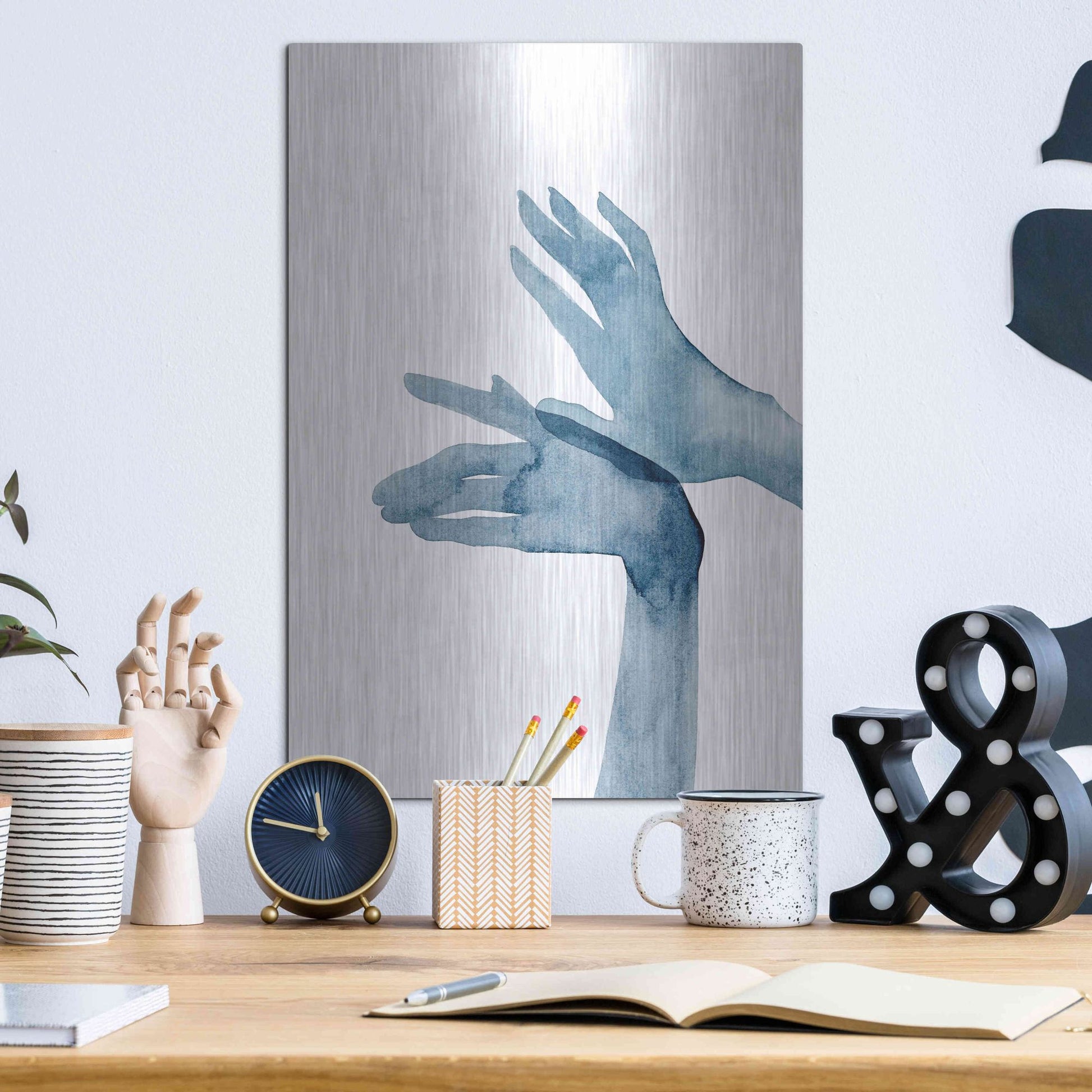 Luxe Metal Art 'Shadow Hands I' by Grace Popp, Metal Wall Art,12x16