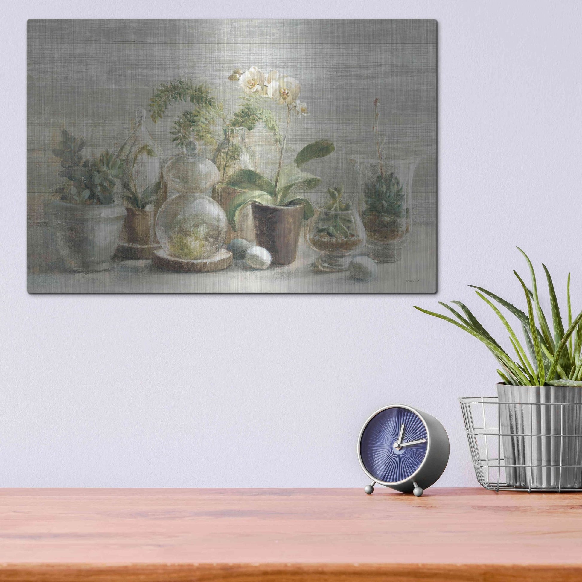 Luxe Metal Art 'Greenhouse Orchids on Wood' by Danhui Nai, Metal Wall Art,16x12