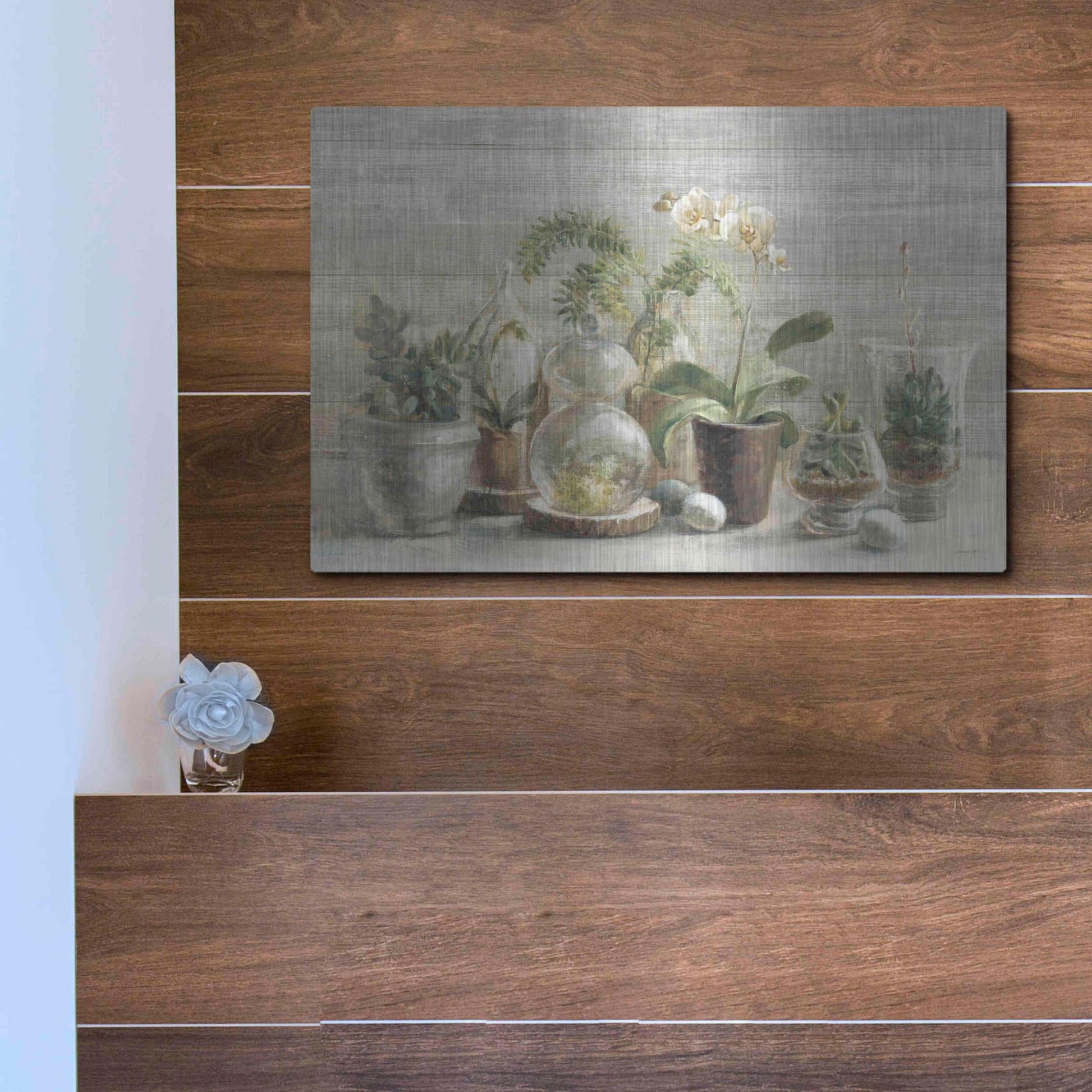 Luxe Metal Art 'Greenhouse Orchids on Wood' by Danhui Nai, Metal Wall Art,16x12