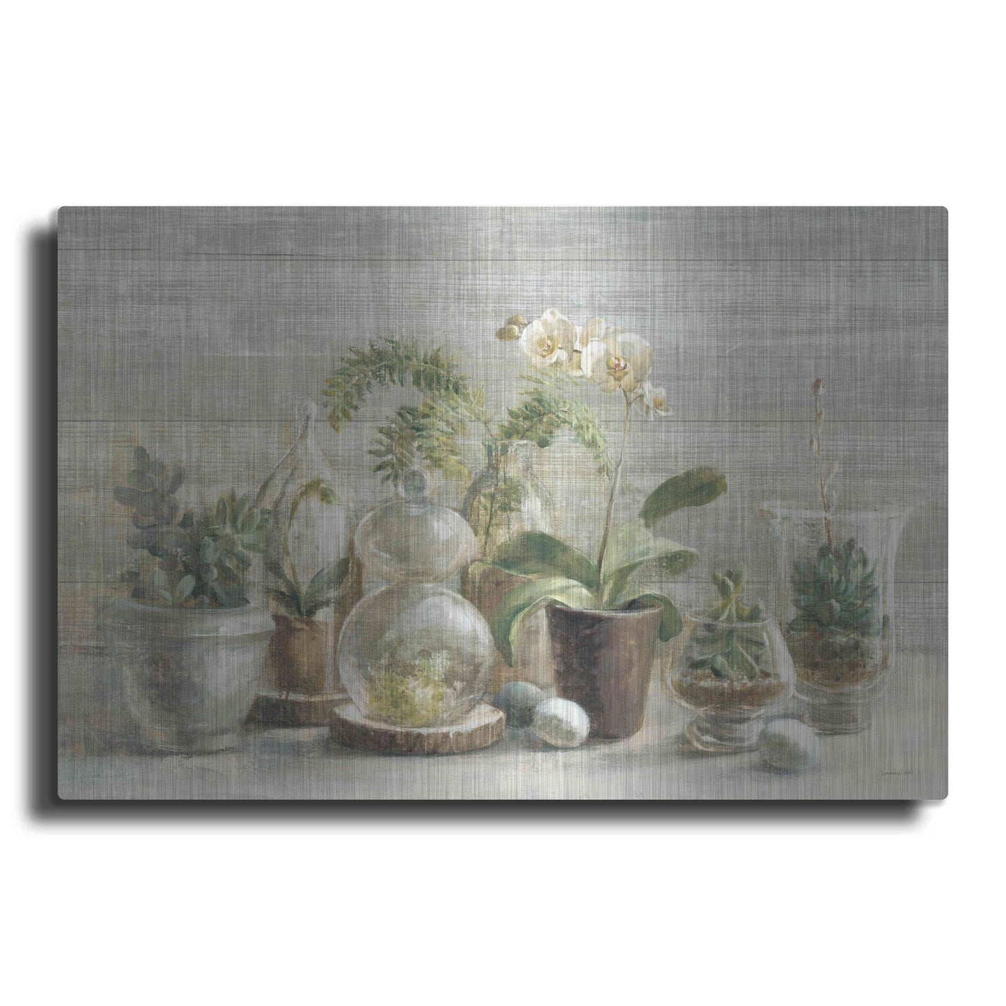 Luxe Metal Art 'Greenhouse Orchids on Wood' by Danhui Nai, Metal Wall Art