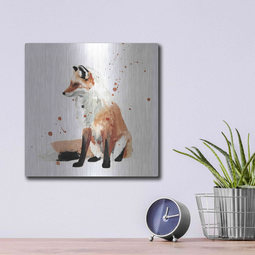 Luxe Metal Art 'Watercolor Fox I' by Victoria Barnes, Metal Wall Art,12x12