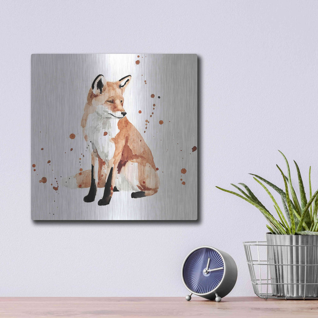 Luxe Metal Art 'Watercolor Fox II' by Victoria Barnes, Metal Wall Art,12x12