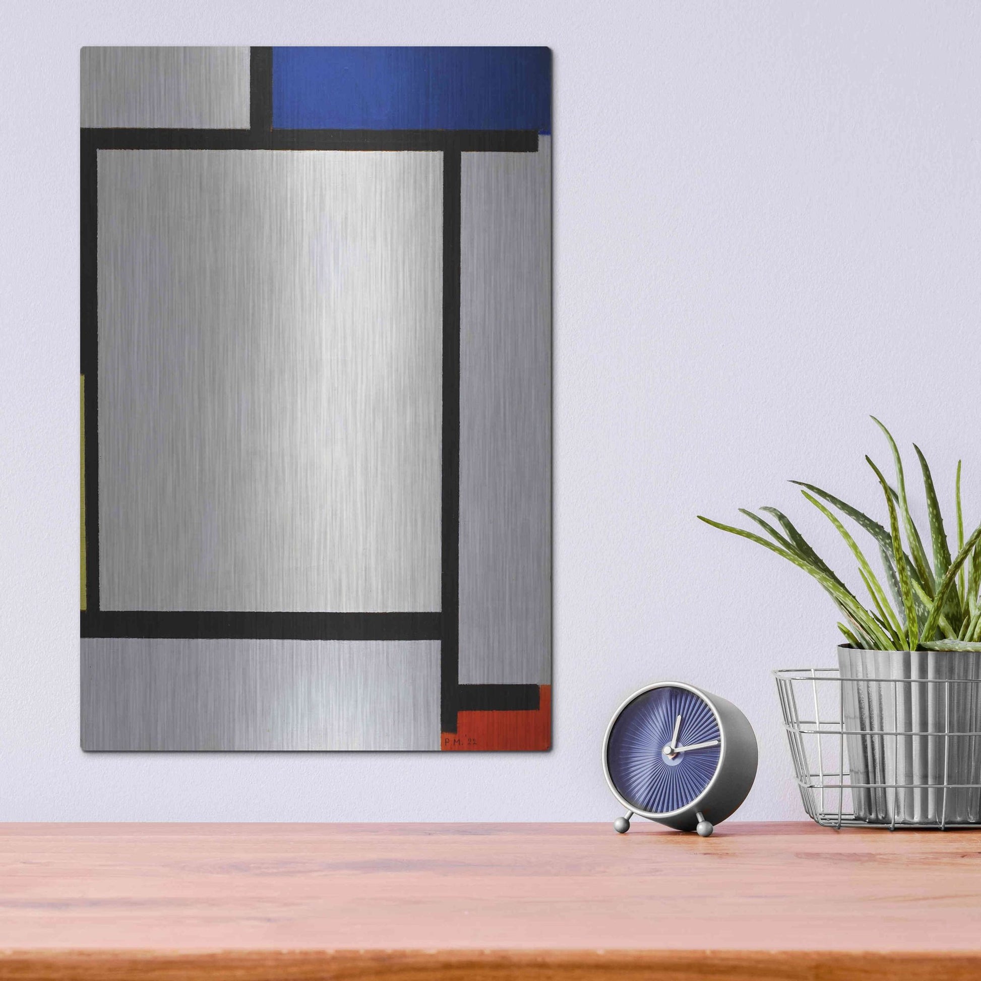 Luxe Metal Art 'Composition with Blue, Black, Yellow, and Red' by Piet Mondrian, Metal Wall Art,12x16