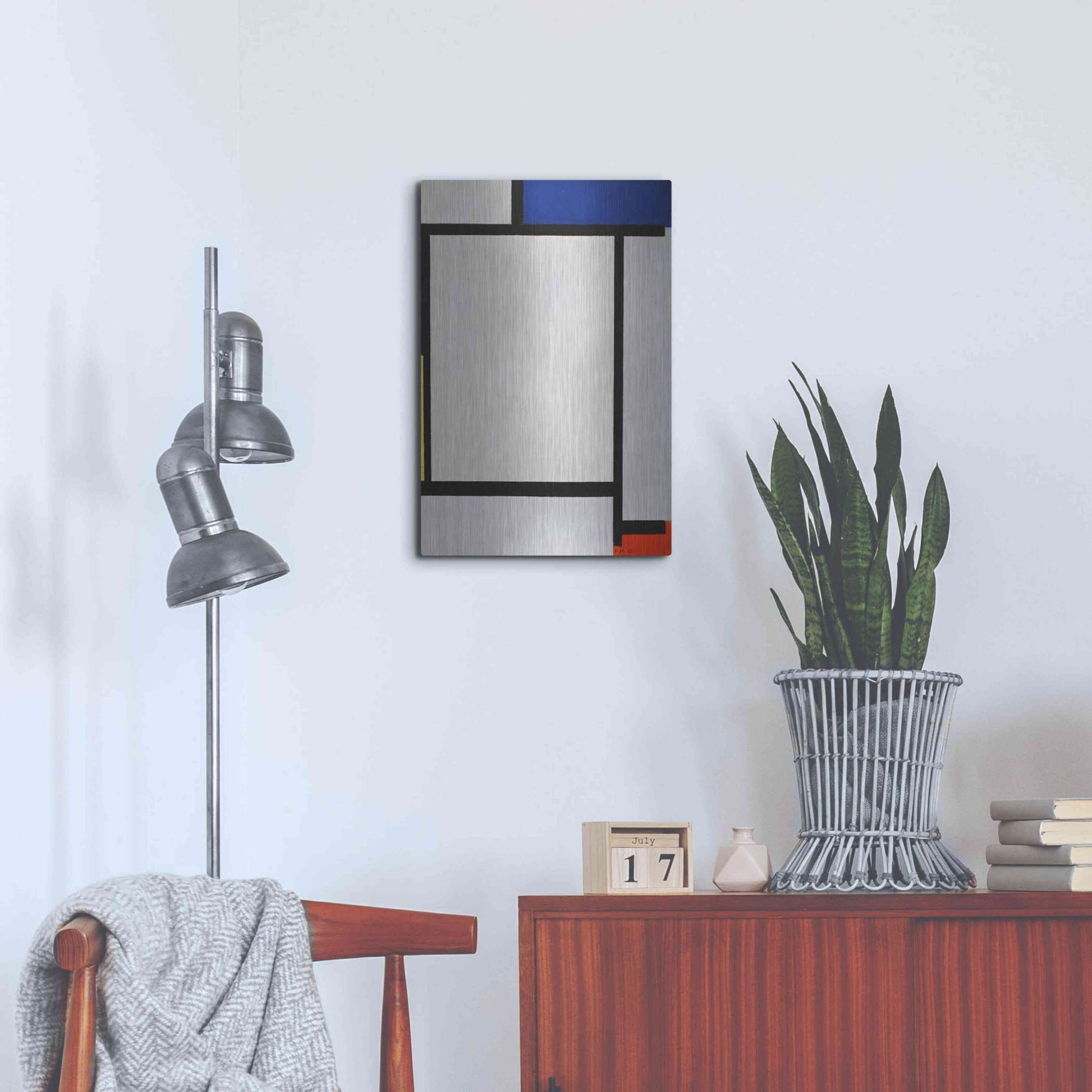 Luxe Metal Art 'Composition with Blue, Black, Yellow, and Red' by Piet Mondrian, Metal Wall Art,16x24