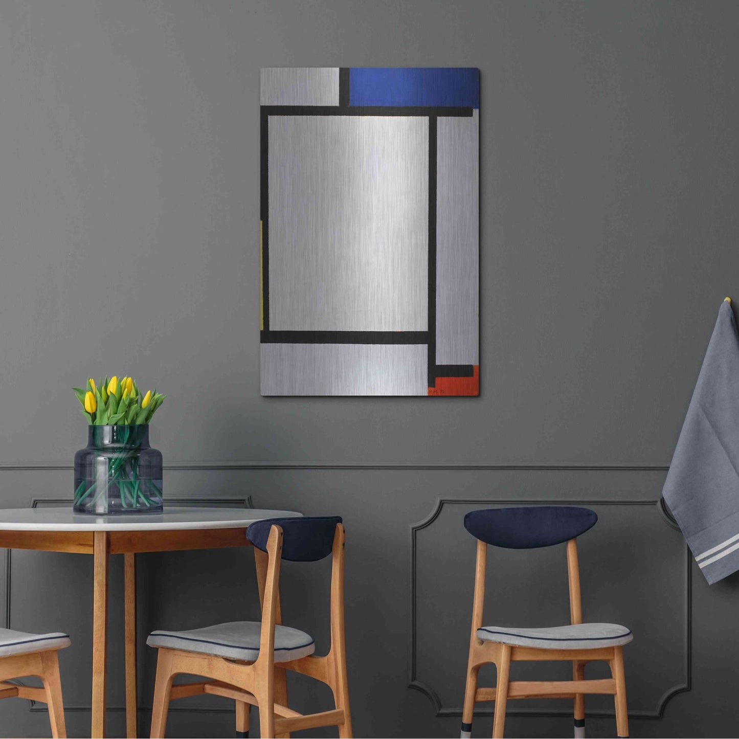 Luxe Metal Art 'Composition with Blue, Black, Yellow, and Red' by Piet Mondrian, Metal Wall Art,24x36