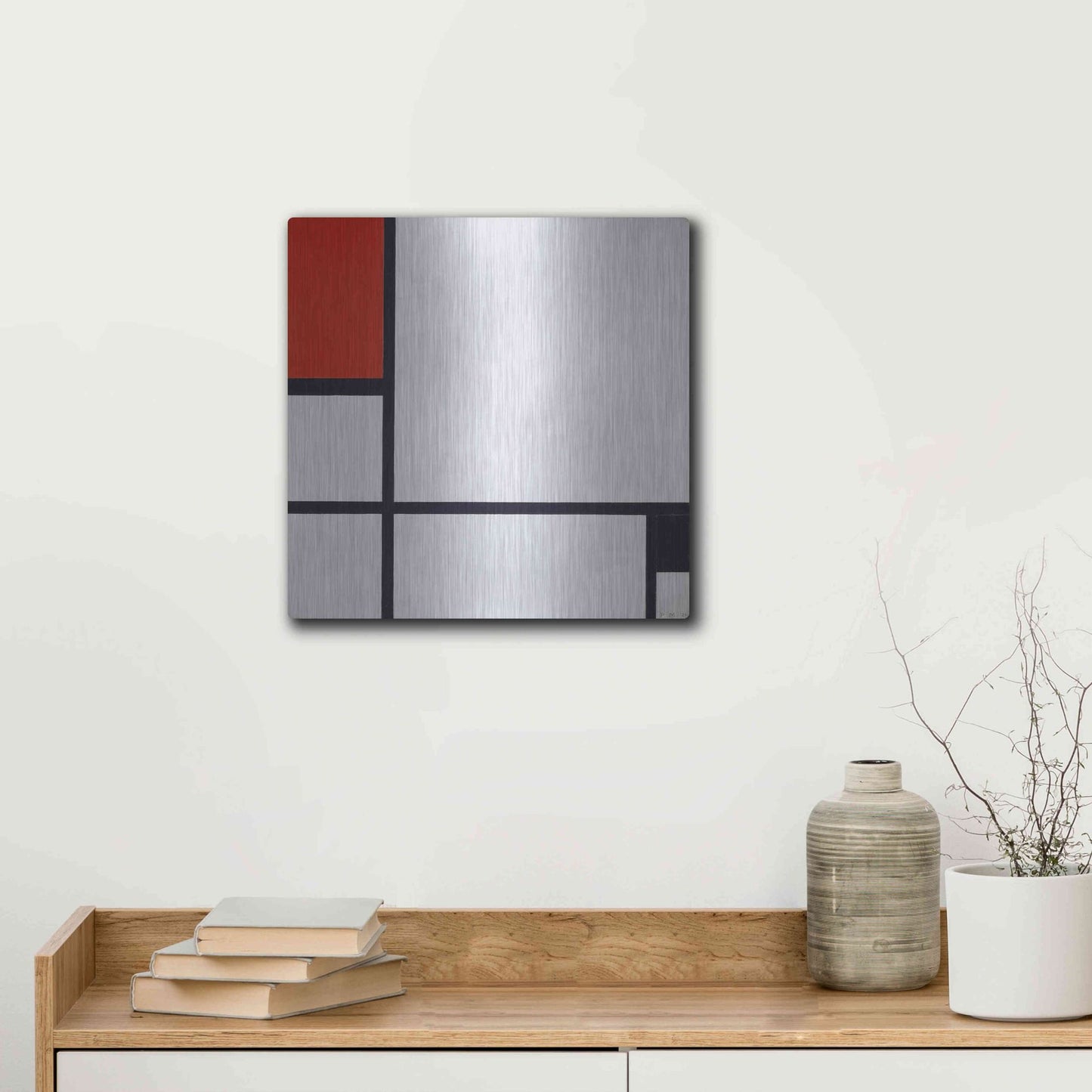 Luxe Metal Art 'Composition No.I, Avec Rouge Et Noir, 1929' by Piet Mondrian, Metal Wall Art,12x12