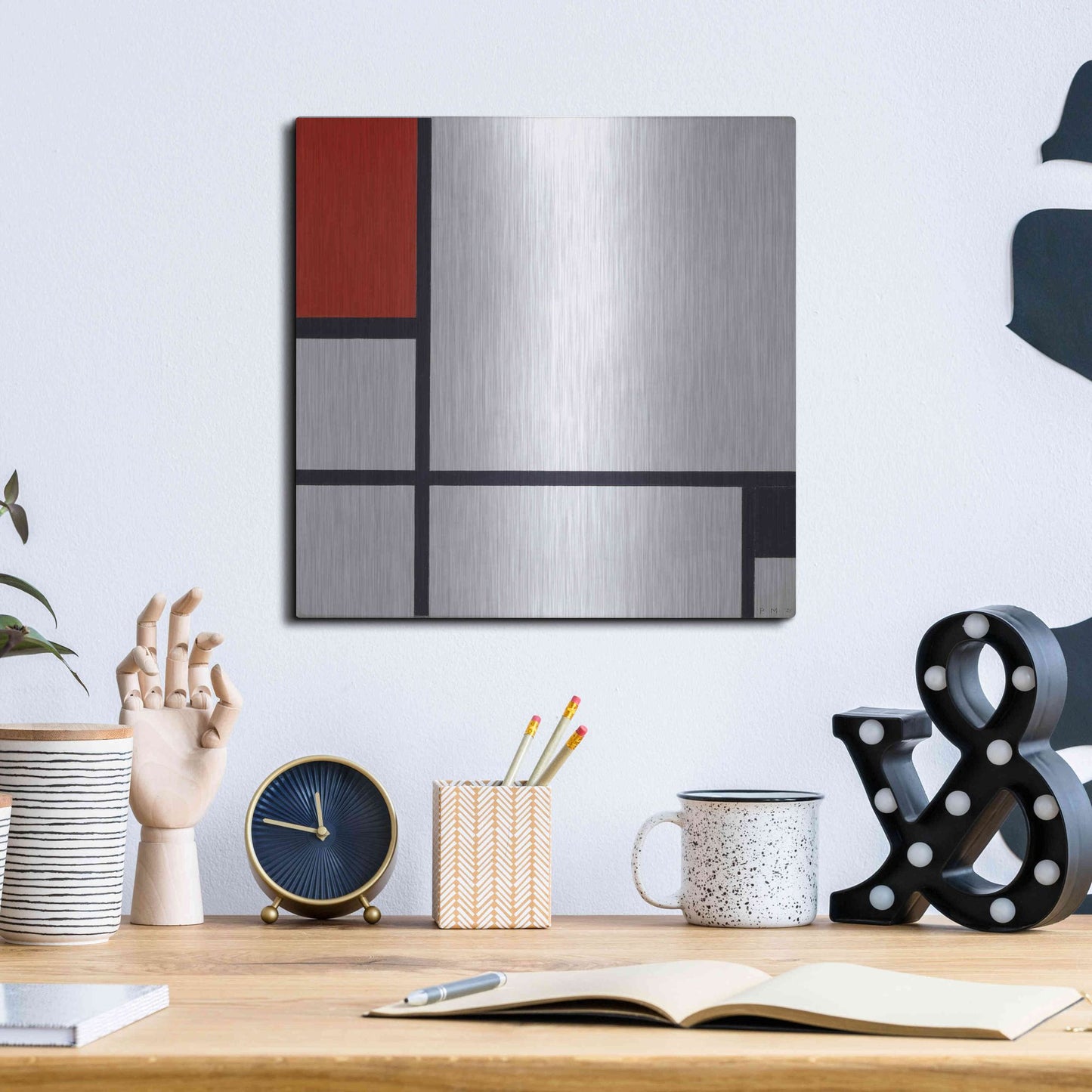 Luxe Metal Art 'Composition No.I, Avec Rouge Et Noir, 1929' by Piet Mondrian, Metal Wall Art,12x12