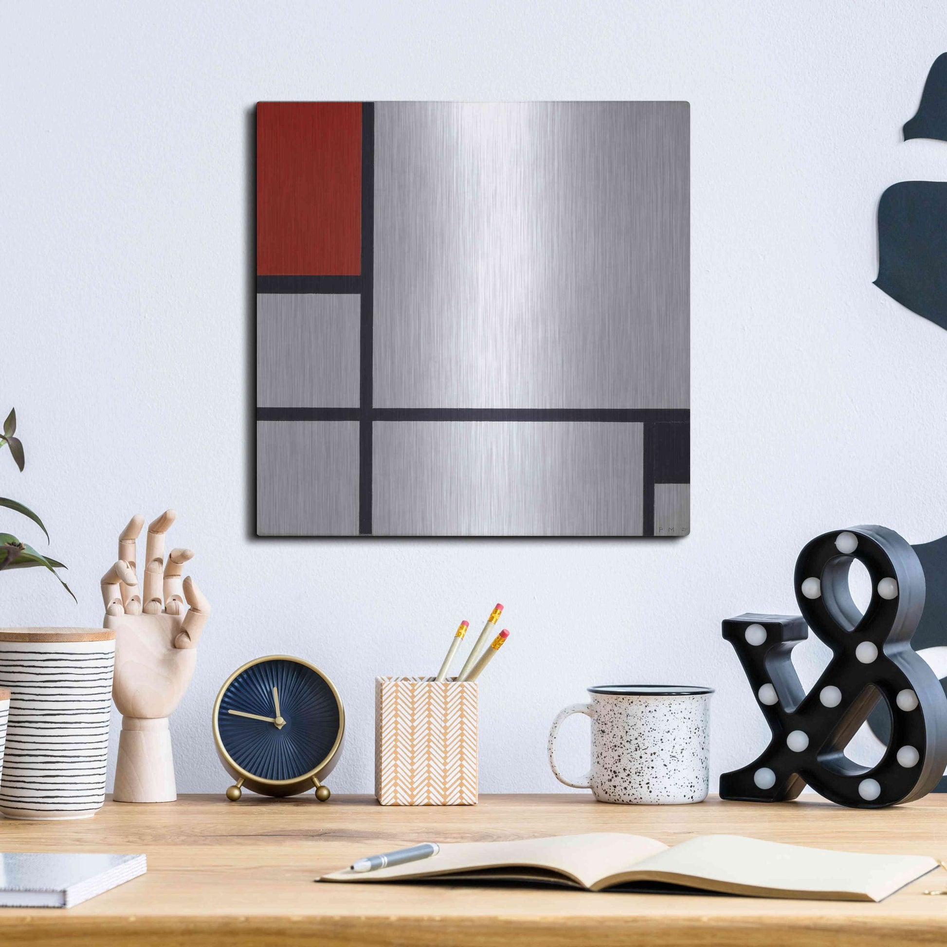 Luxe Metal Art 'Composition No.I, Avec Rouge Et Noir, 1929' by Piet Mondrian, Metal Wall Art,12x12