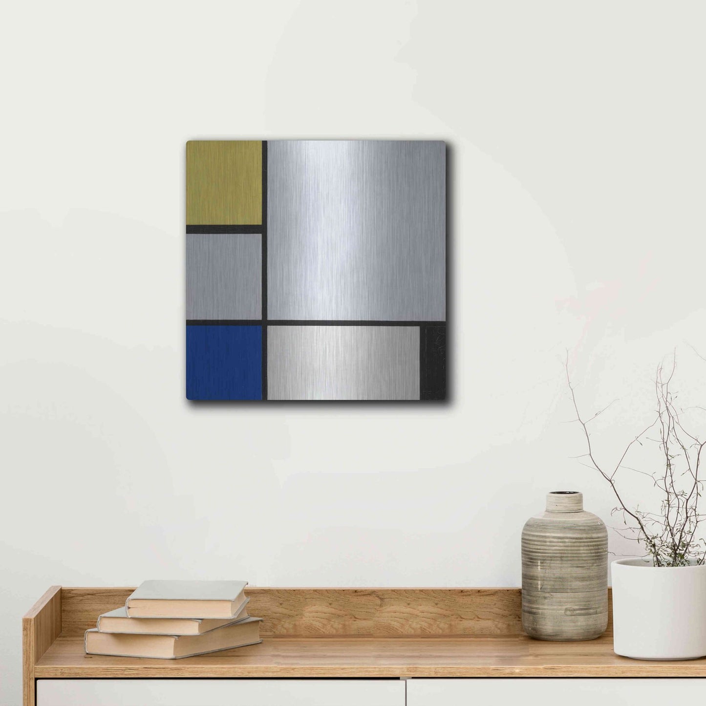 Luxe Metal Art 'Composition with Yellow, Blue, Black and Light Blue, 1929' by Piet Mondrian, Metal Wall Art,12x12