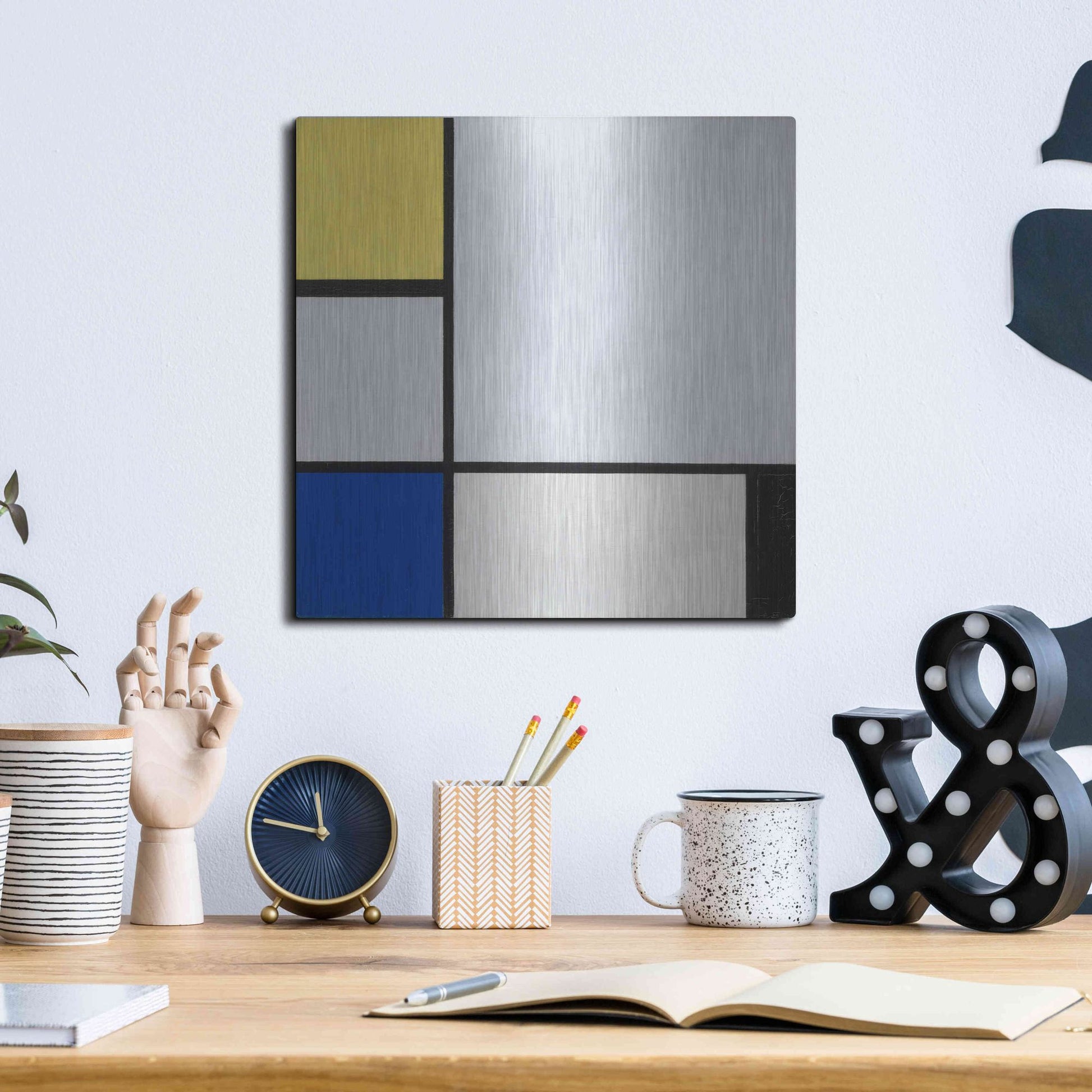 Luxe Metal Art 'Composition with Yellow, Blue, Black and Light Blue, 1929' by Piet Mondrian, Metal Wall Art,12x12