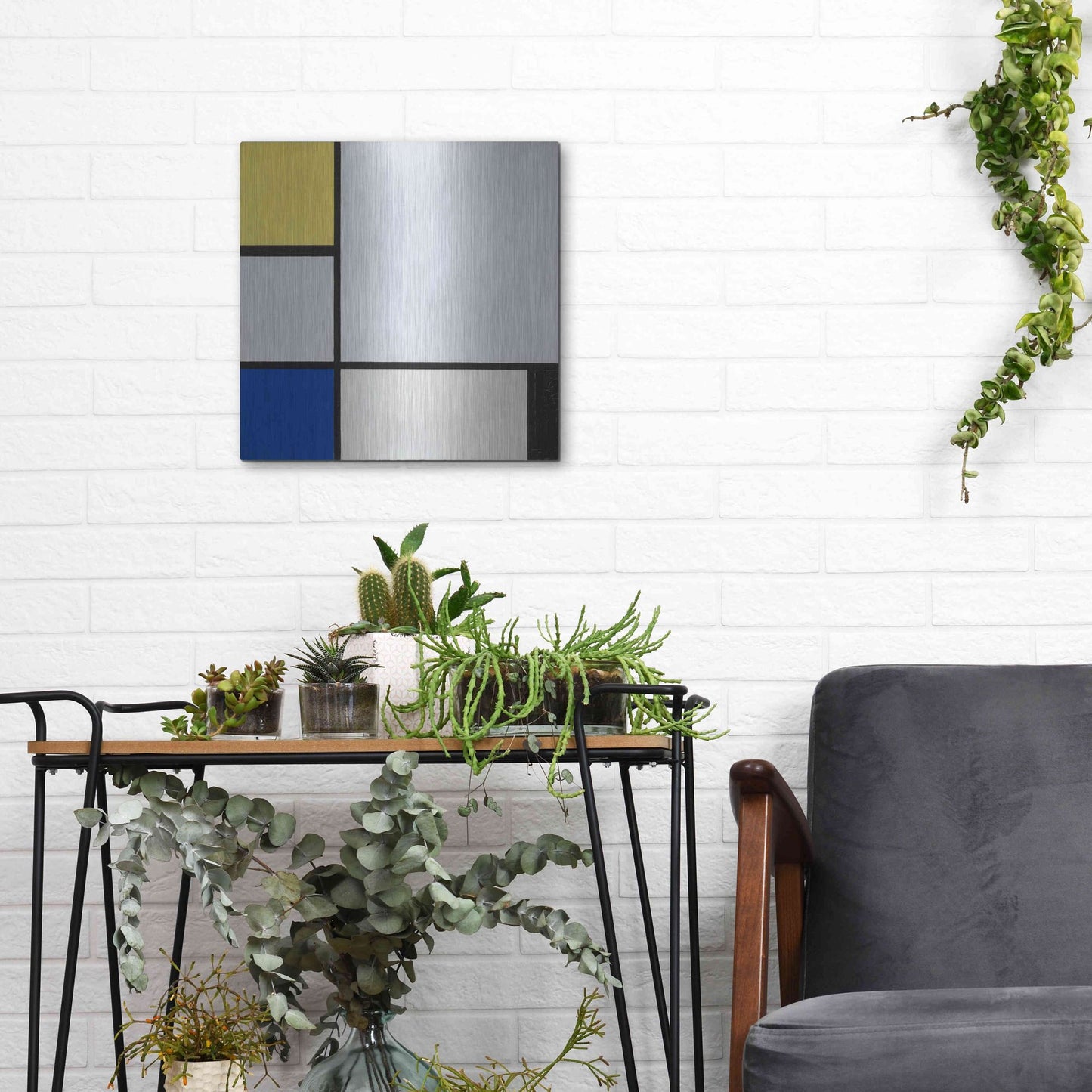 Luxe Metal Art 'Composition with Yellow, Blue, Black and Light Blue, 1929' by Piet Mondrian, Metal Wall Art,12x12