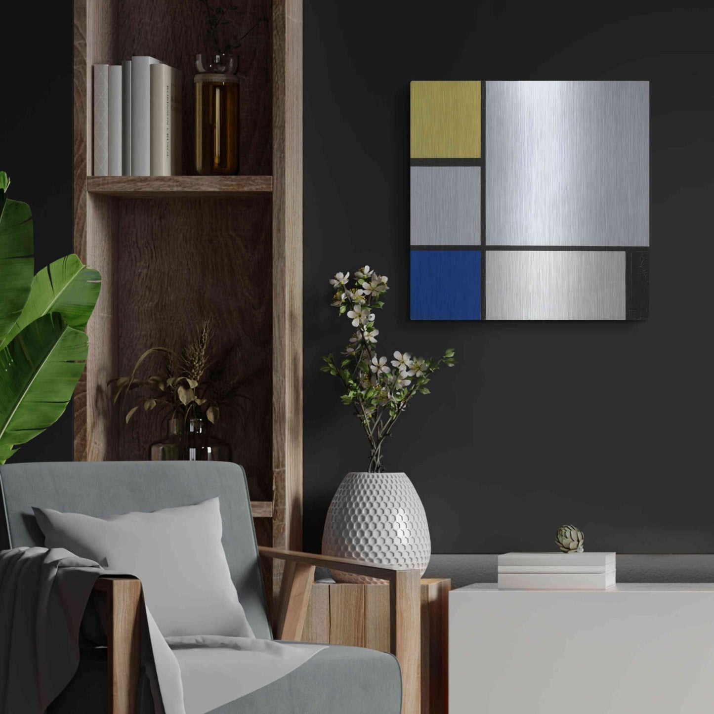 Luxe Metal Art 'Composition with Yellow, Blue, Black and Light Blue, 1929' by Piet Mondrian, Metal Wall Art,24x24