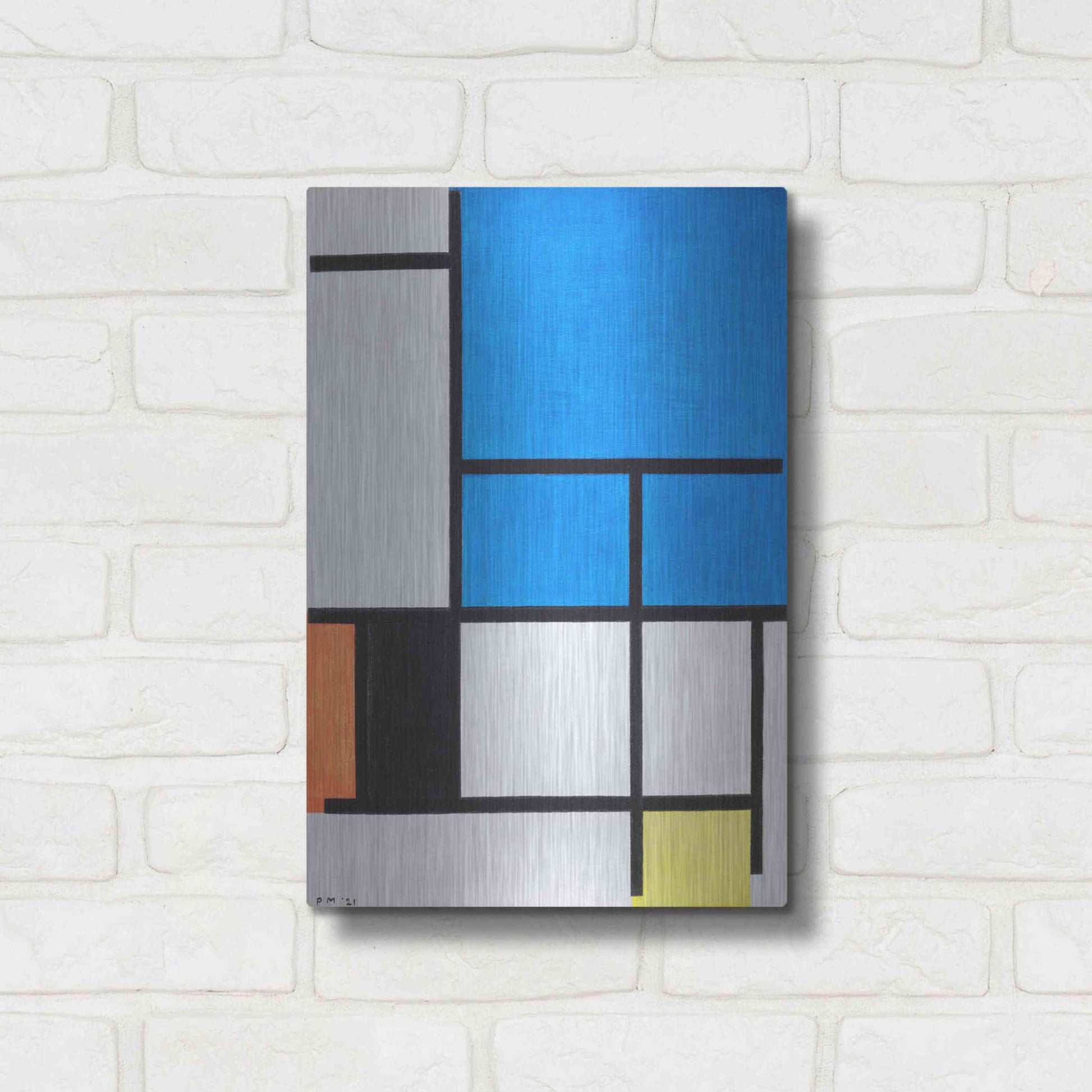 Luxe Metal Art 'Composition with Large Blue Plane, Red, Black, Yellow, and Gray 1984' by Piet Mondrian, Metal Wall Art,12x16