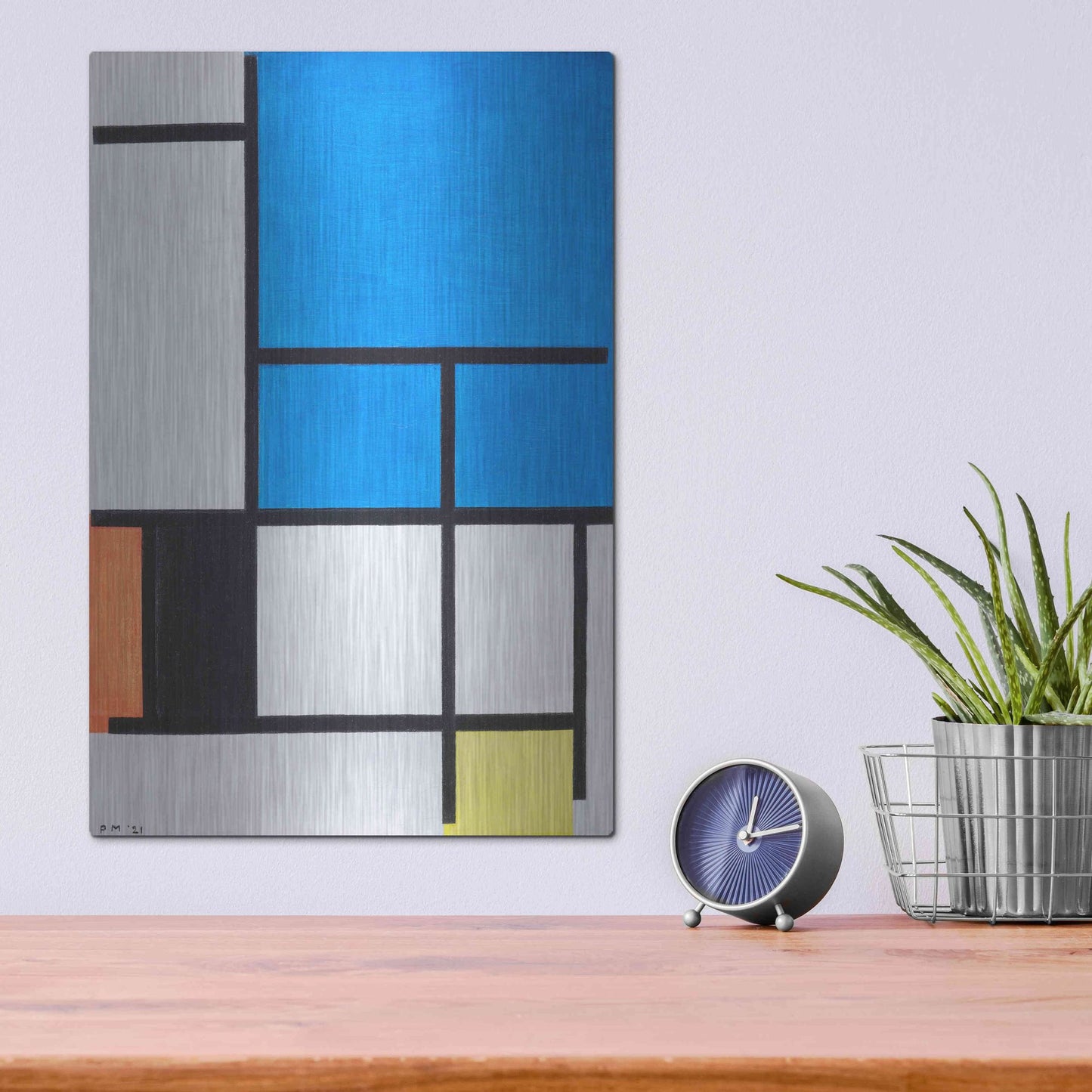 Luxe Metal Art 'Composition with Large Blue Plane, Red, Black, Yellow, and Gray 1984' by Piet Mondrian, Metal Wall Art,12x16