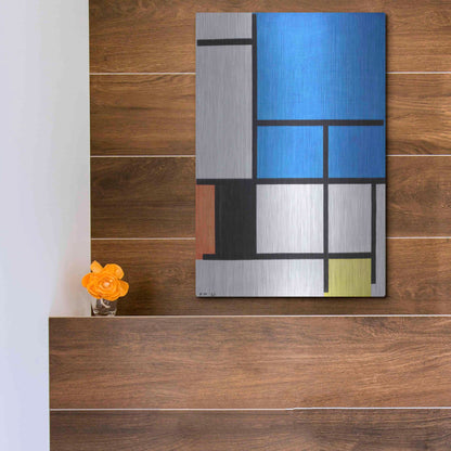 Luxe Metal Art 'Composition with Large Blue Plane, Red, Black, Yellow, and Gray 1984' by Piet Mondrian, Metal Wall Art,12x16