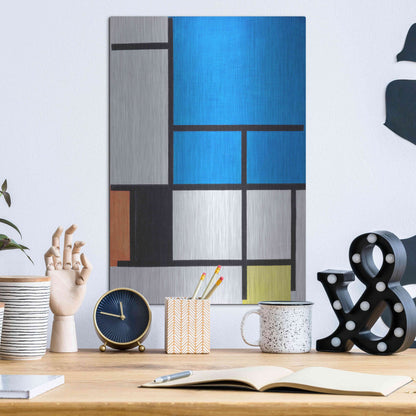 Luxe Metal Art 'Composition with Large Blue Plane, Red, Black, Yellow, and Gray 1984' by Piet Mondrian, Metal Wall Art,12x16