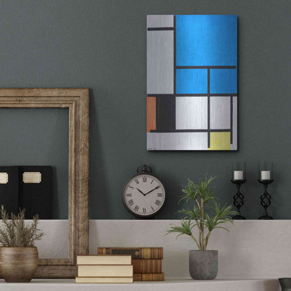 Luxe Metal Art 'Composition with Large Blue Plane, Red, Black, Yellow, and Gray 1984' by Piet Mondrian, Metal Wall Art,12x16