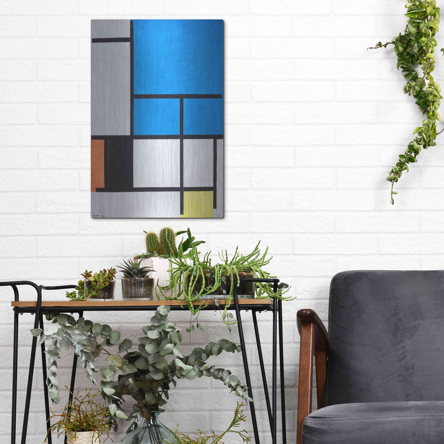 Luxe Metal Art 'Composition with Large Blue Plane, Red, Black, Yellow, and Gray 1984' by Piet Mondrian, Metal Wall Art,12x16