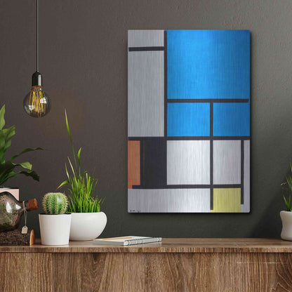 Luxe Metal Art 'Composition with Large Blue Plane, Red, Black, Yellow, and Gray 1984' by Piet Mondrian, Metal Wall Art,12x16