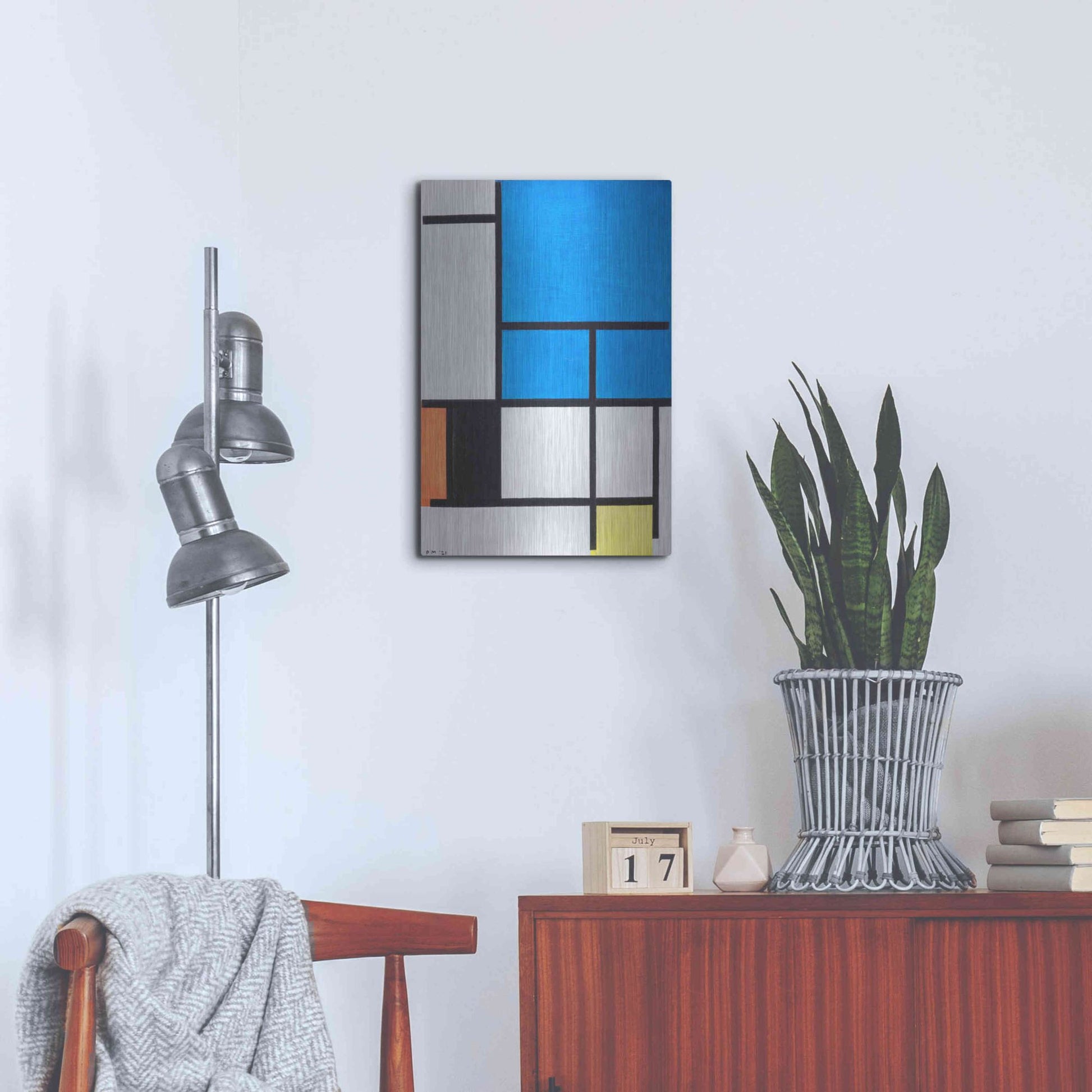 Luxe Metal Art 'Composition with Large Blue Plane, Red, Black, Yellow, and Gray 1984' by Piet Mondrian, Metal Wall Art,16x24