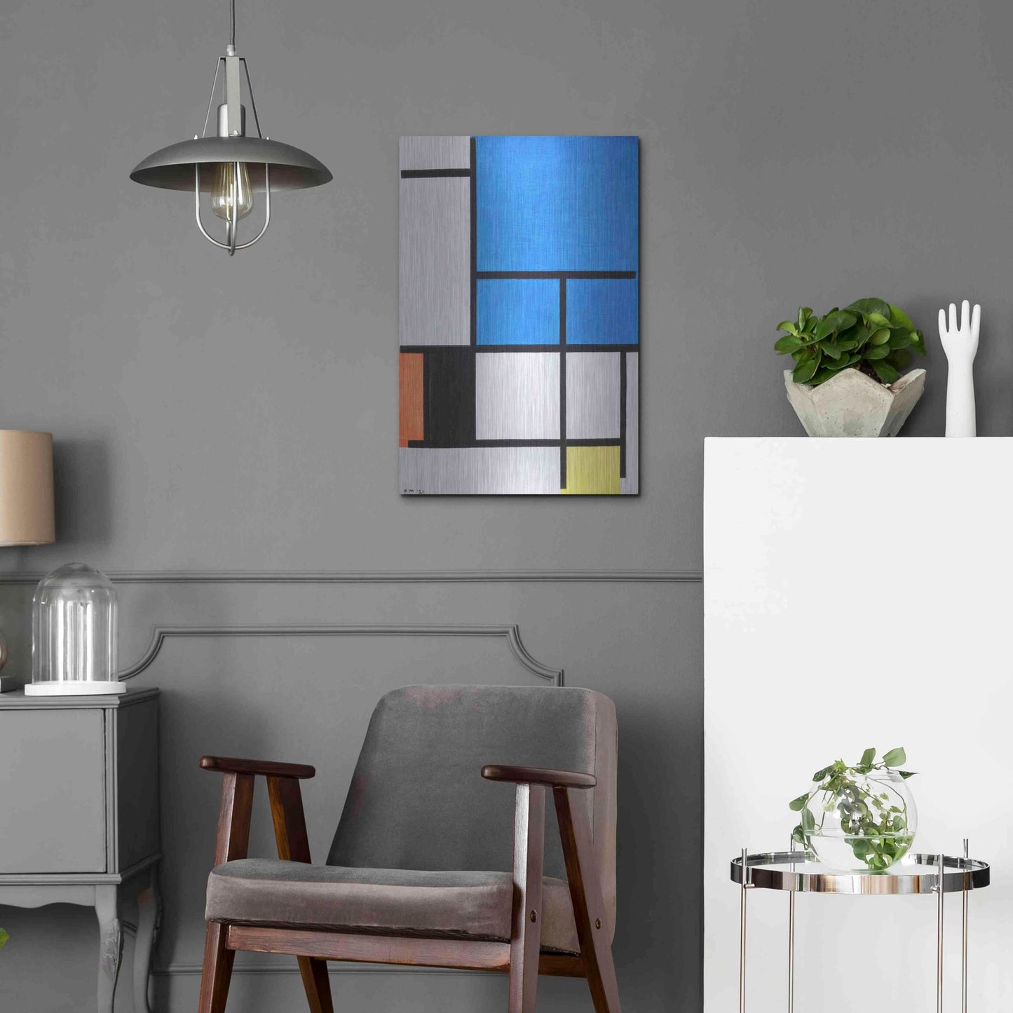 Luxe Metal Art 'Composition with Large Blue Plane, Red, Black, Yellow, and Gray 1984' by Piet Mondrian, Metal Wall Art,16x24