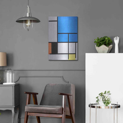 Luxe Metal Art 'Composition with Large Blue Plane, Red, Black, Yellow, and Gray 1984' by Piet Mondrian, Metal Wall Art,16x24