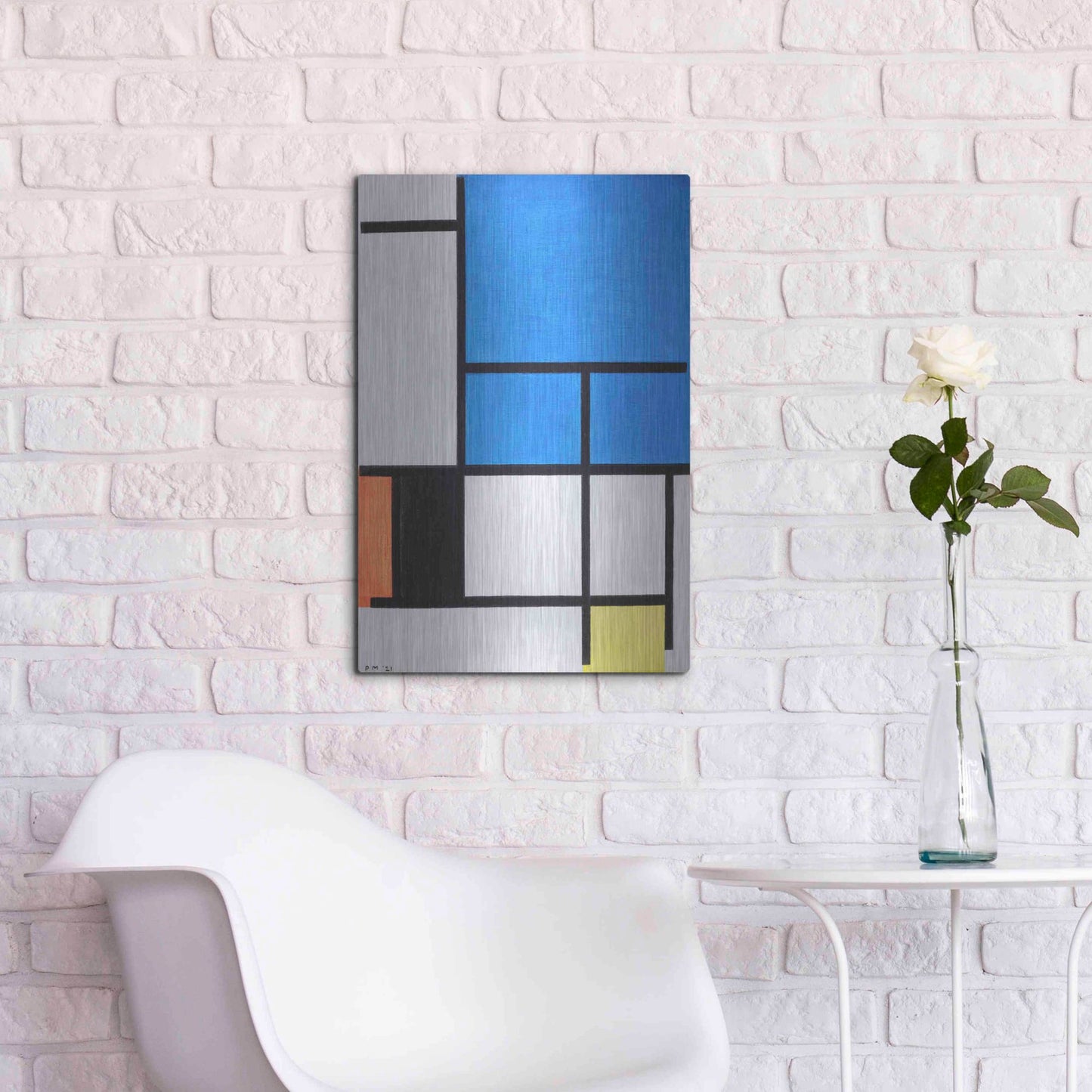 Luxe Metal Art 'Composition with Large Blue Plane, Red, Black, Yellow, and Gray 1984' by Piet Mondrian, Metal Wall Art,16x24