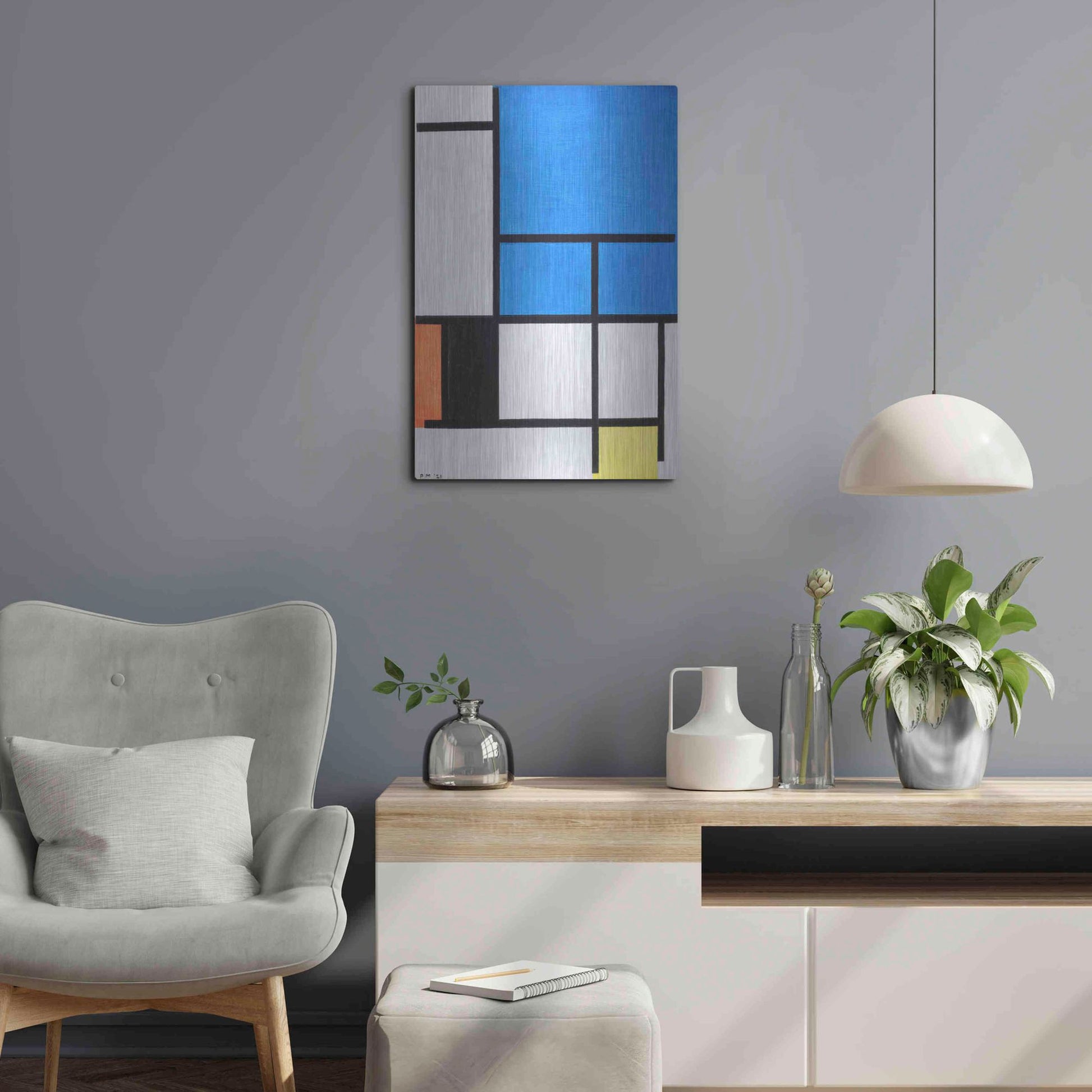 Luxe Metal Art 'Composition with Large Blue Plane, Red, Black, Yellow, and Gray 1984' by Piet Mondrian, Metal Wall Art,16x24