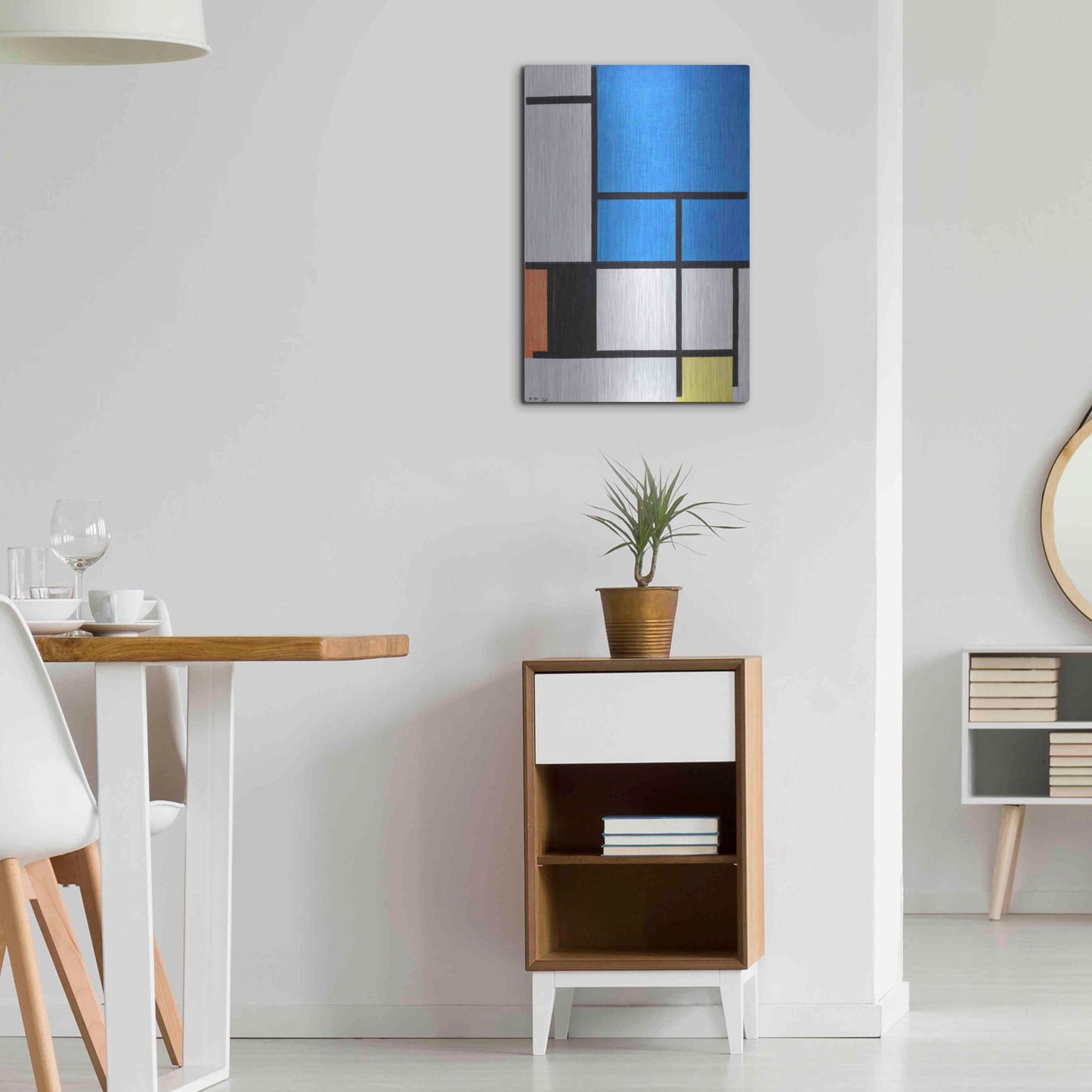 Luxe Metal Art 'Composition with Large Blue Plane, Red, Black, Yellow, and Gray 1984' by Piet Mondrian, Metal Wall Art,16x24