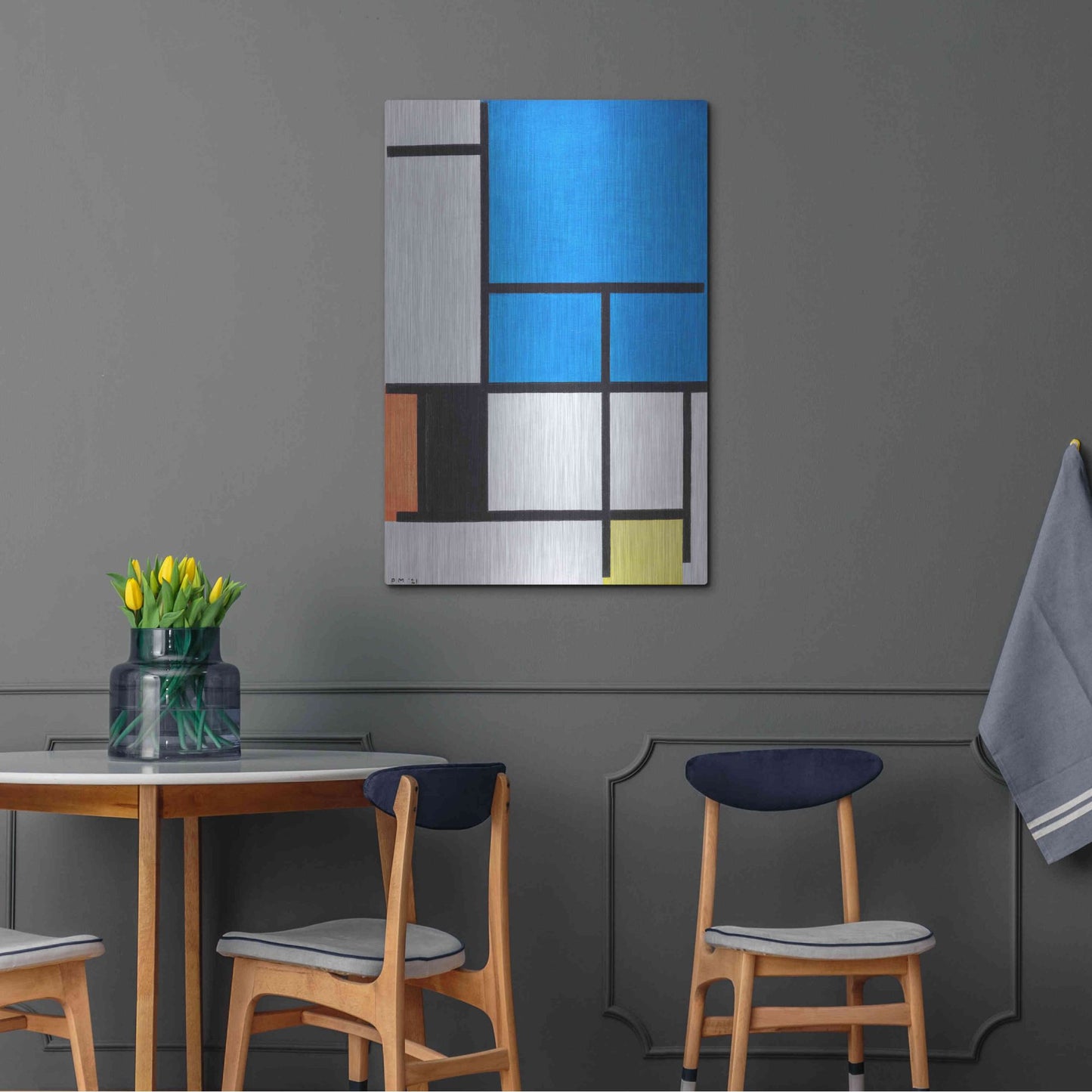 Luxe Metal Art 'Composition with Large Blue Plane, Red, Black, Yellow, and Gray 1984' by Piet Mondrian, Metal Wall Art,24x36