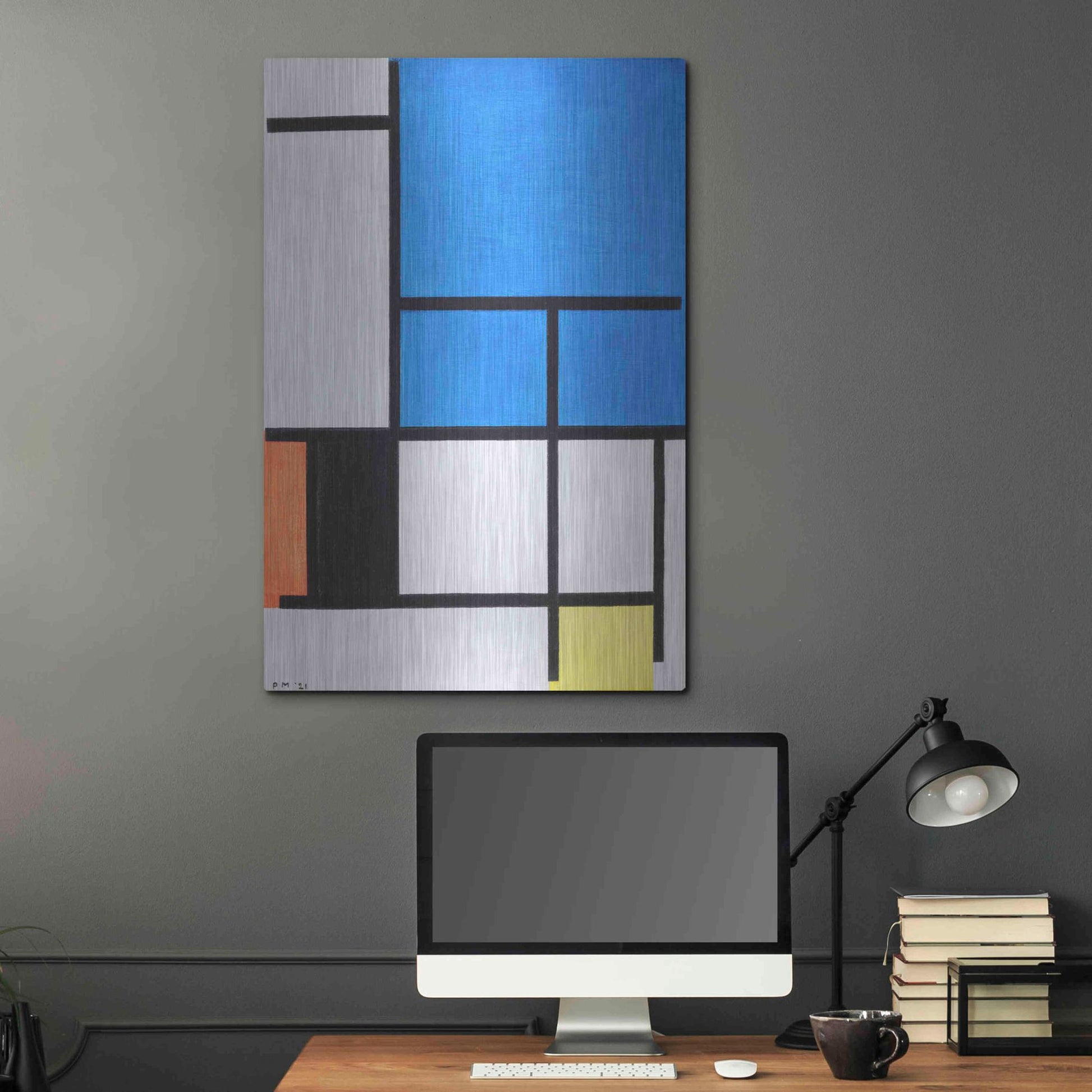 Luxe Metal Art 'Composition with Large Blue Plane, Red, Black, Yellow, and Gray 1984' by Piet Mondrian, Metal Wall Art,24x36