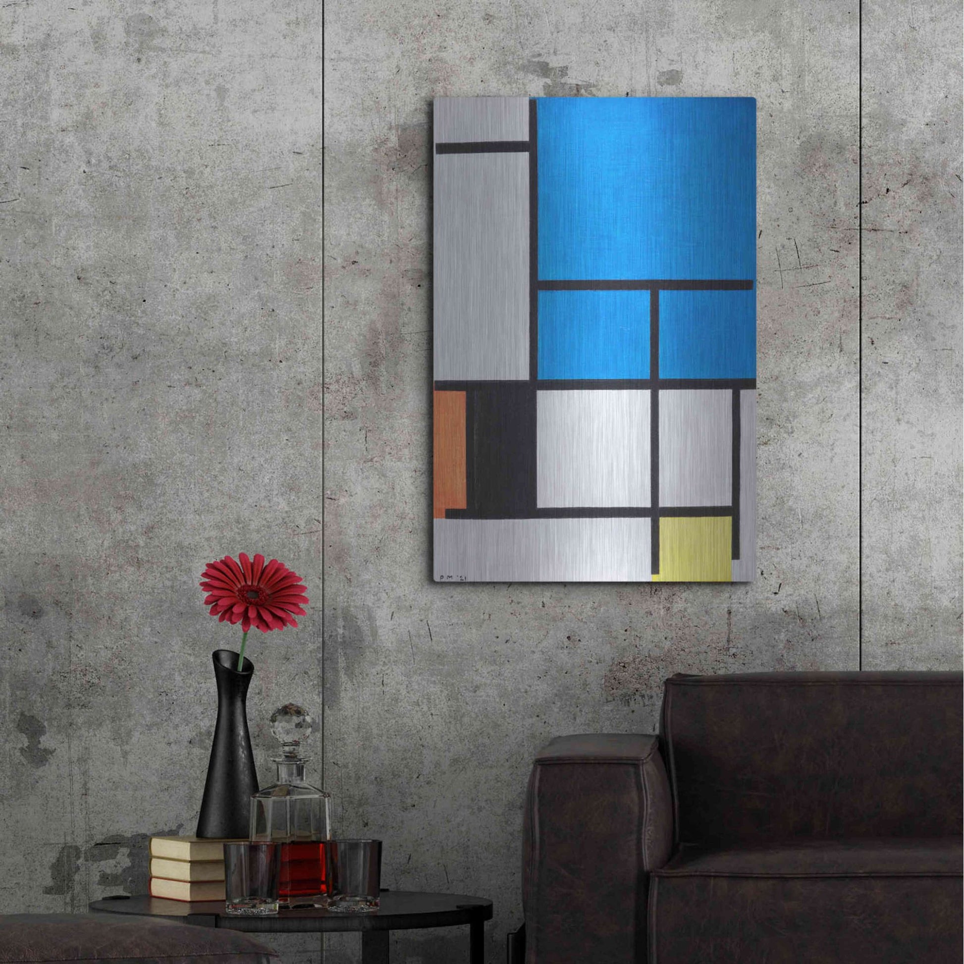Luxe Metal Art 'Composition with Large Blue Plane, Red, Black, Yellow, and Gray 1984' by Piet Mondrian, Metal Wall Art,24x36