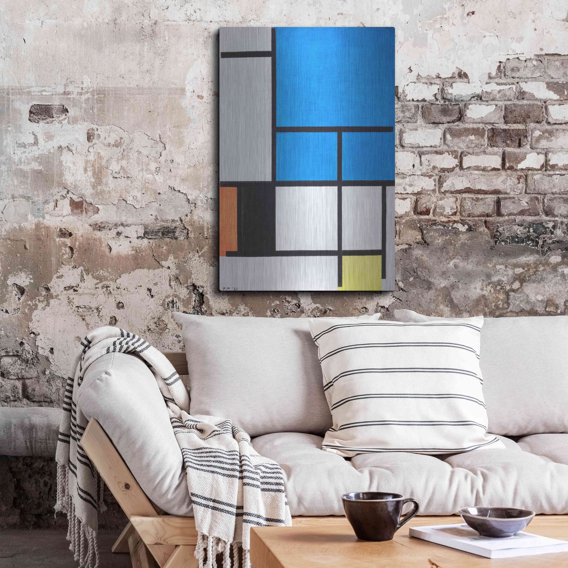 Luxe Metal Art 'Composition with Large Blue Plane, Red, Black, Yellow, and Gray 1984' by Piet Mondrian, Metal Wall Art,24x36
