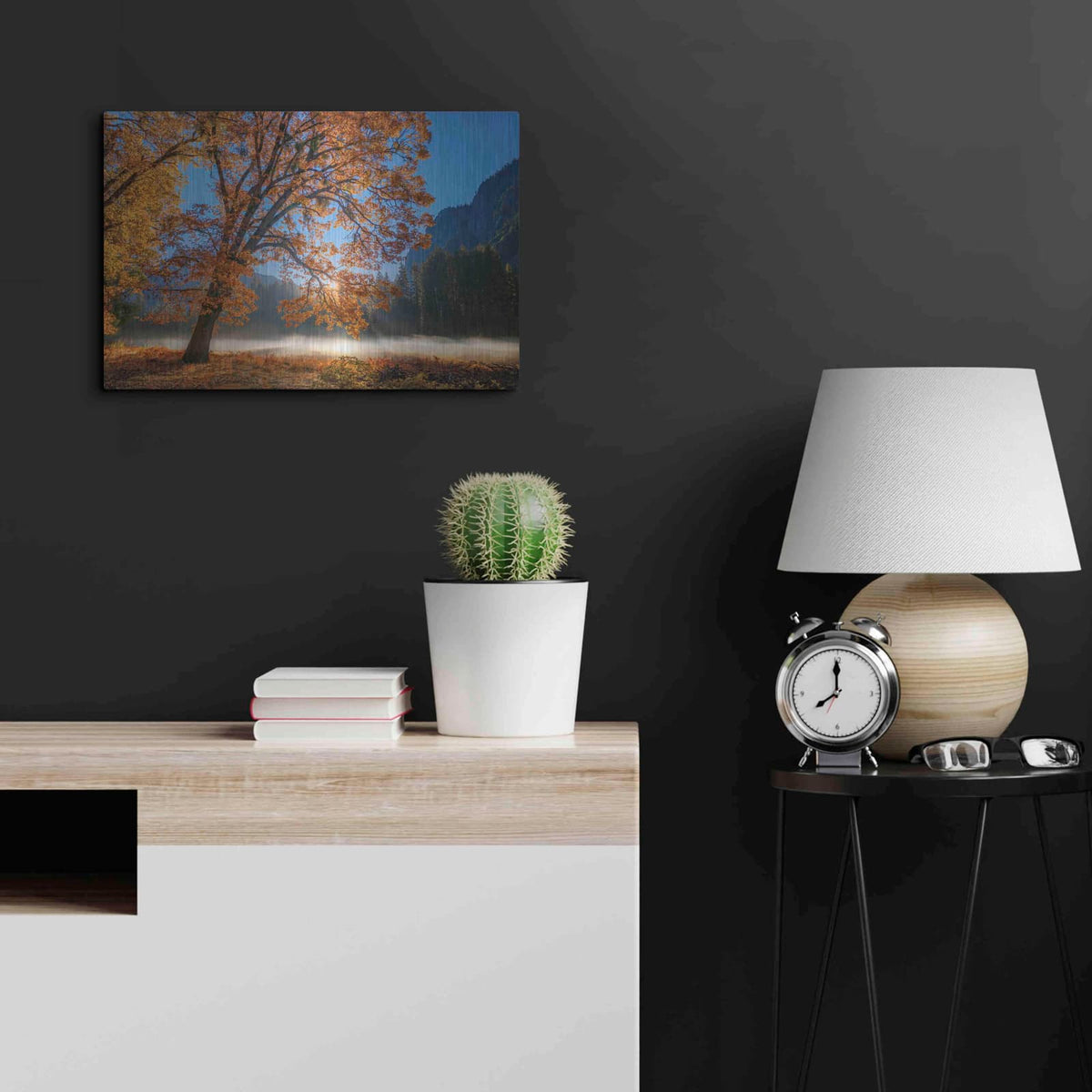 'Autumn Oak Sunrise & Fog' by John Gavrilis – Metal Wall Art, 24x16 room view