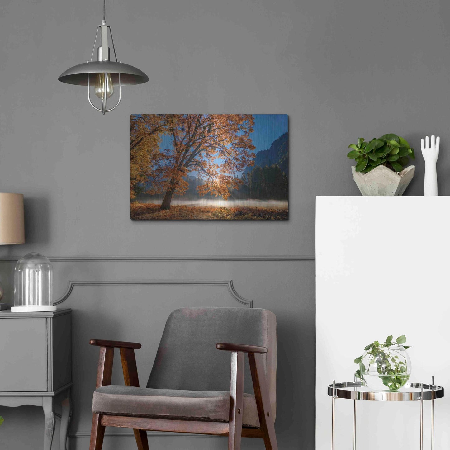 Luxe Metal Art 'Autumn Oak Sunrise & Fog' by John Gavrilis, Metal Wall Art,24x16