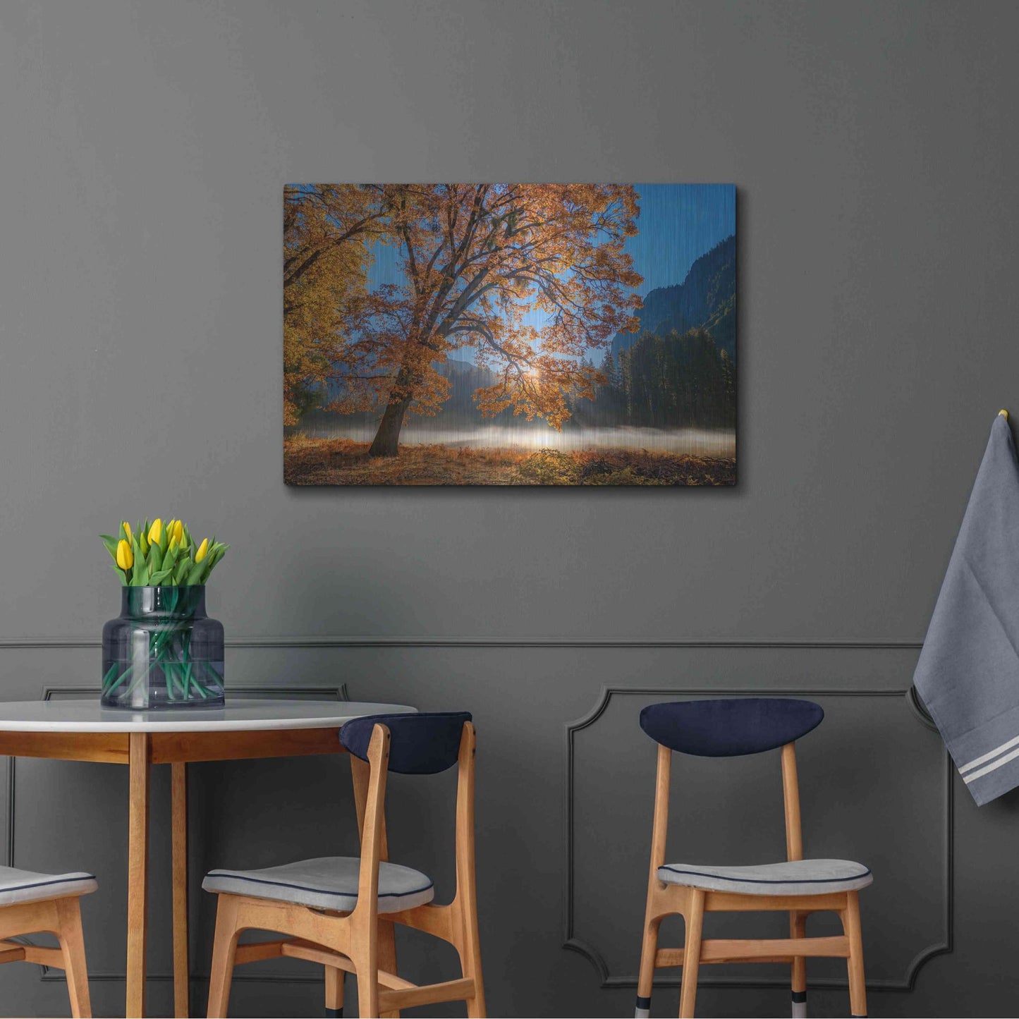 Luxe Metal Art 'Autumn Oak Sunrise & Fog' by John Gavrilis, Metal Wall Art,36x24