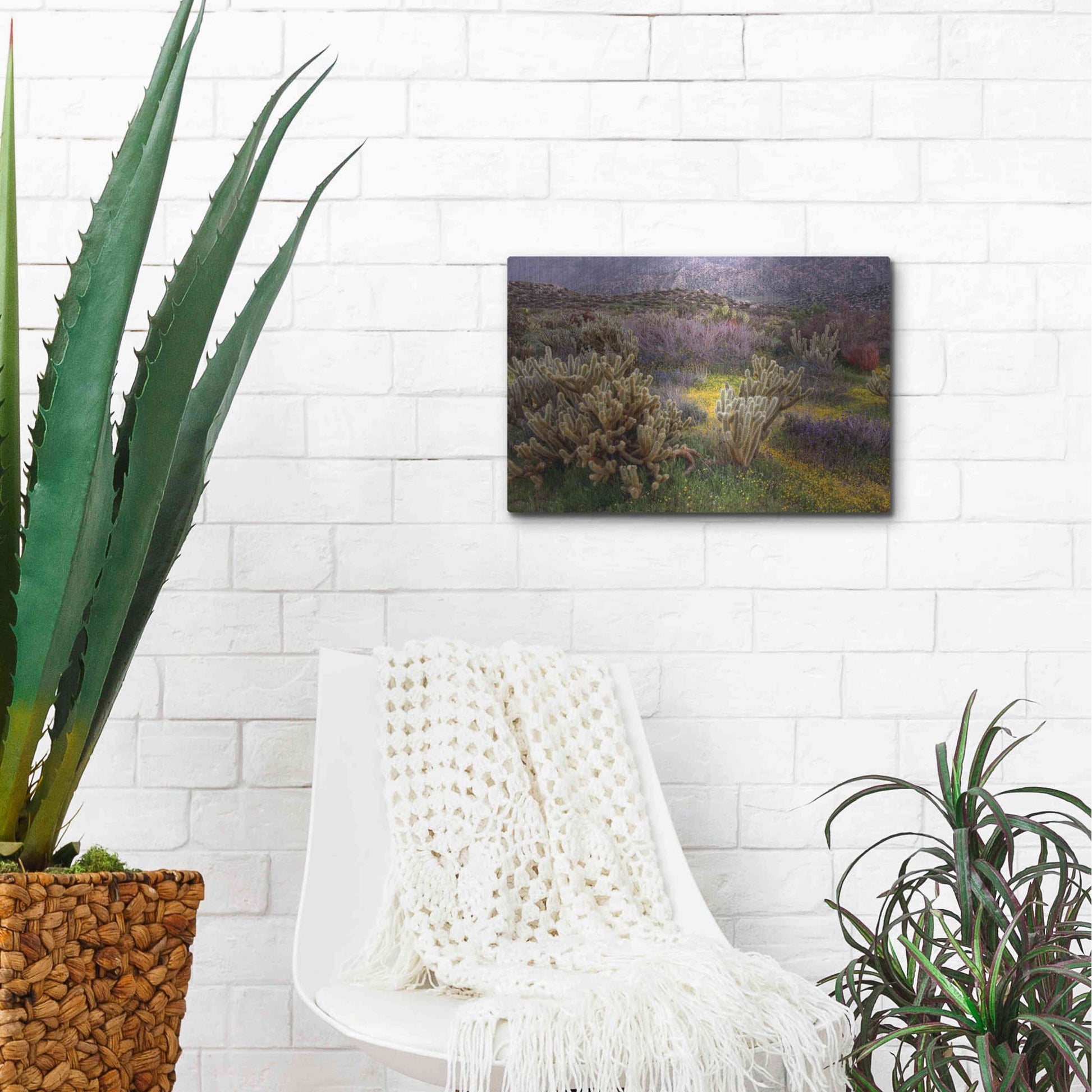 Luxe Metal Art 'Desert Cactus and Wildflowers' by John Gavrilis, Metal Wall Art,16x12