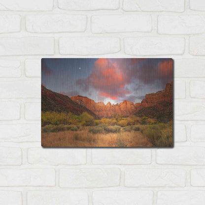 Luxe Metal Art 'Temple Sunrise & Moon' by John Gavrilis, Metal Wall Art,16x12
